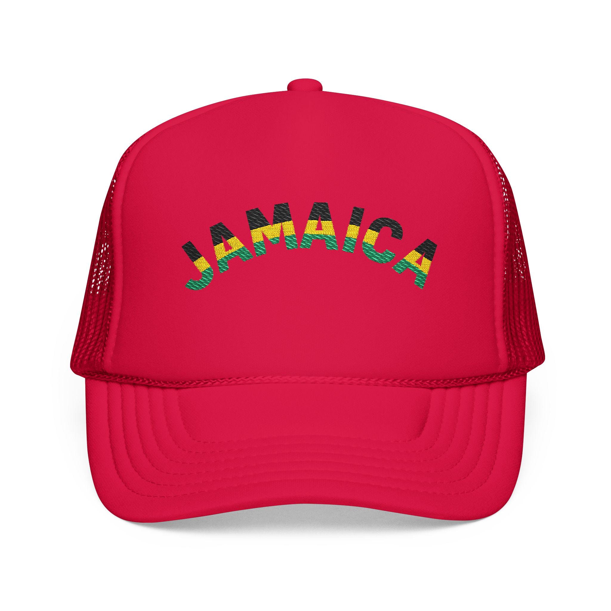 Jamaica Embroidered Trucker Hat. Red Island Vibe Snapback Mesh Cap with Rasta Color Text.