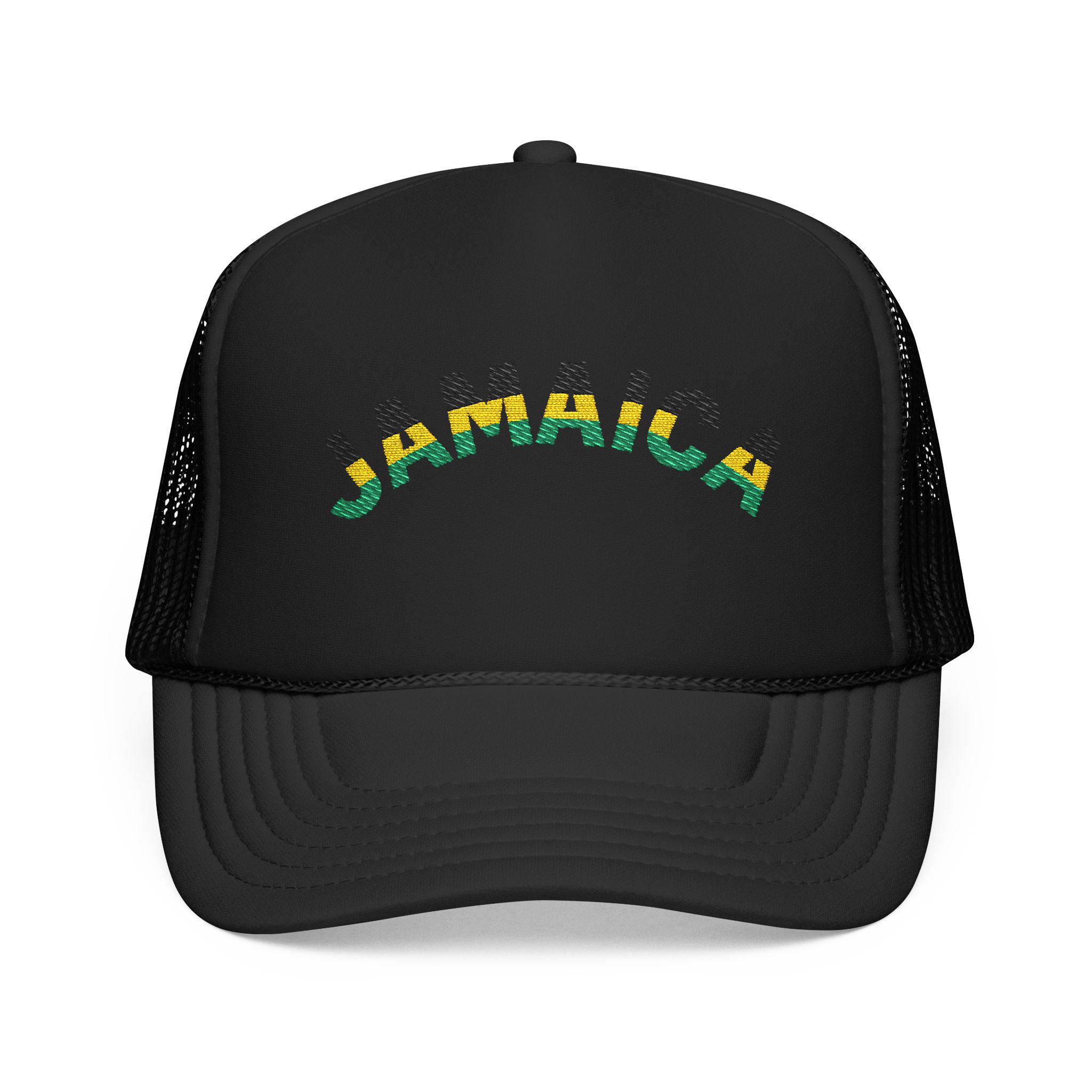 Jamaica Embroidered Trucker Hat. Red Island Vibe Snapback Mesh Cap with Rasta Color Text., product view 2