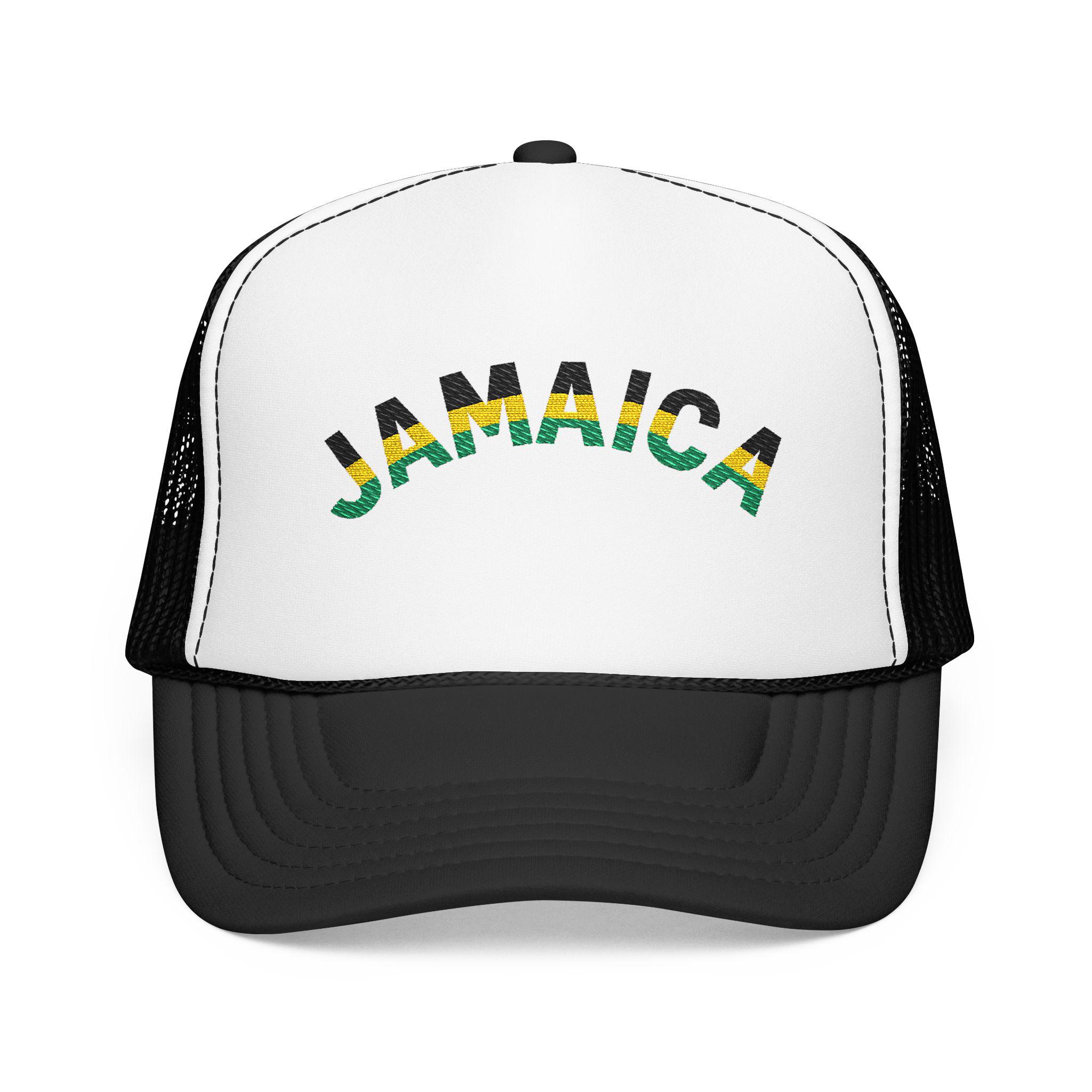 Jamaica Embroidered Trucker Hat. Red Island Vibe Snapback Mesh Cap with Rasta Color Text., product view 3