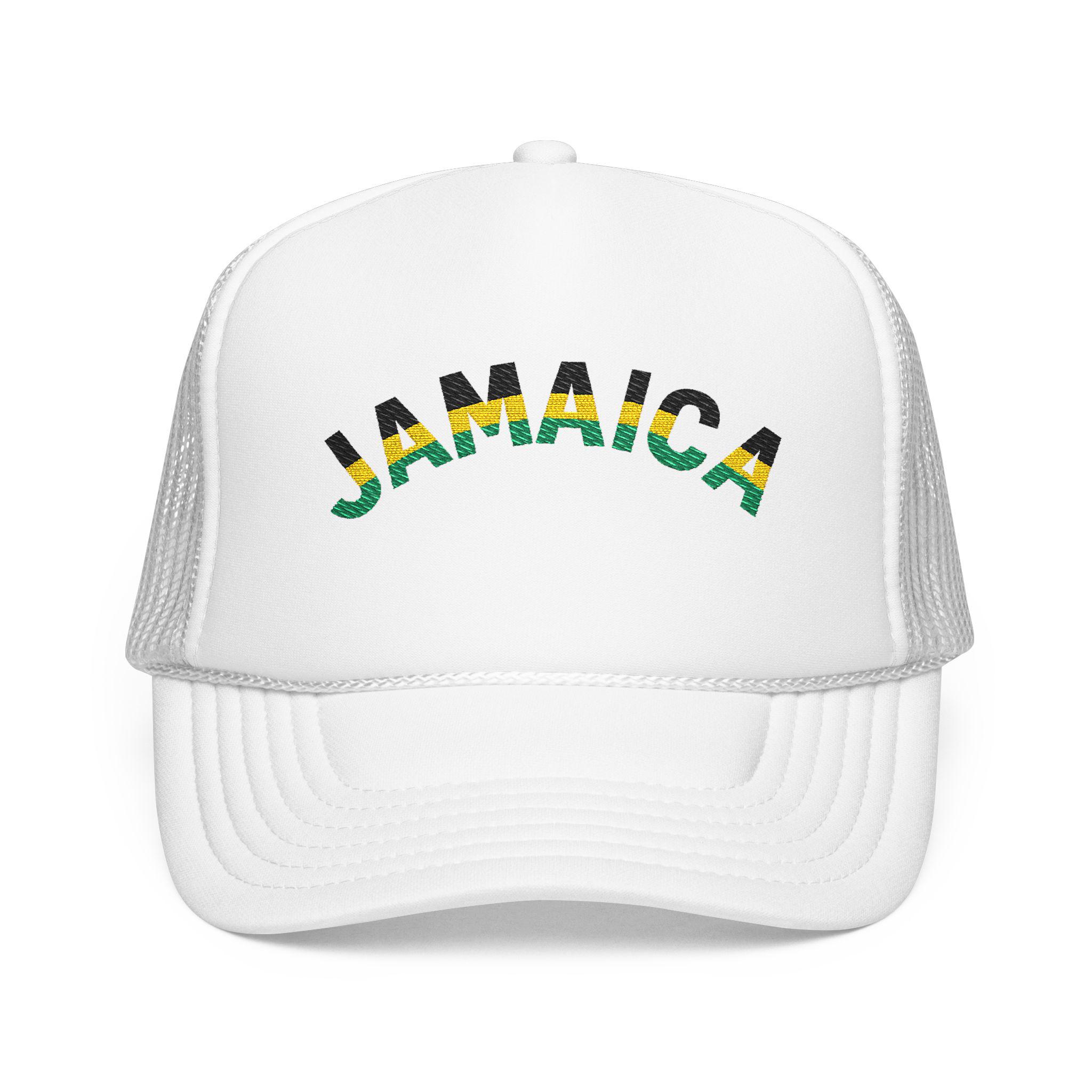 Jamaica Embroidered Trucker Hat. Red Island Vibe Snapback Mesh Cap with Rasta Color Text., product view 4