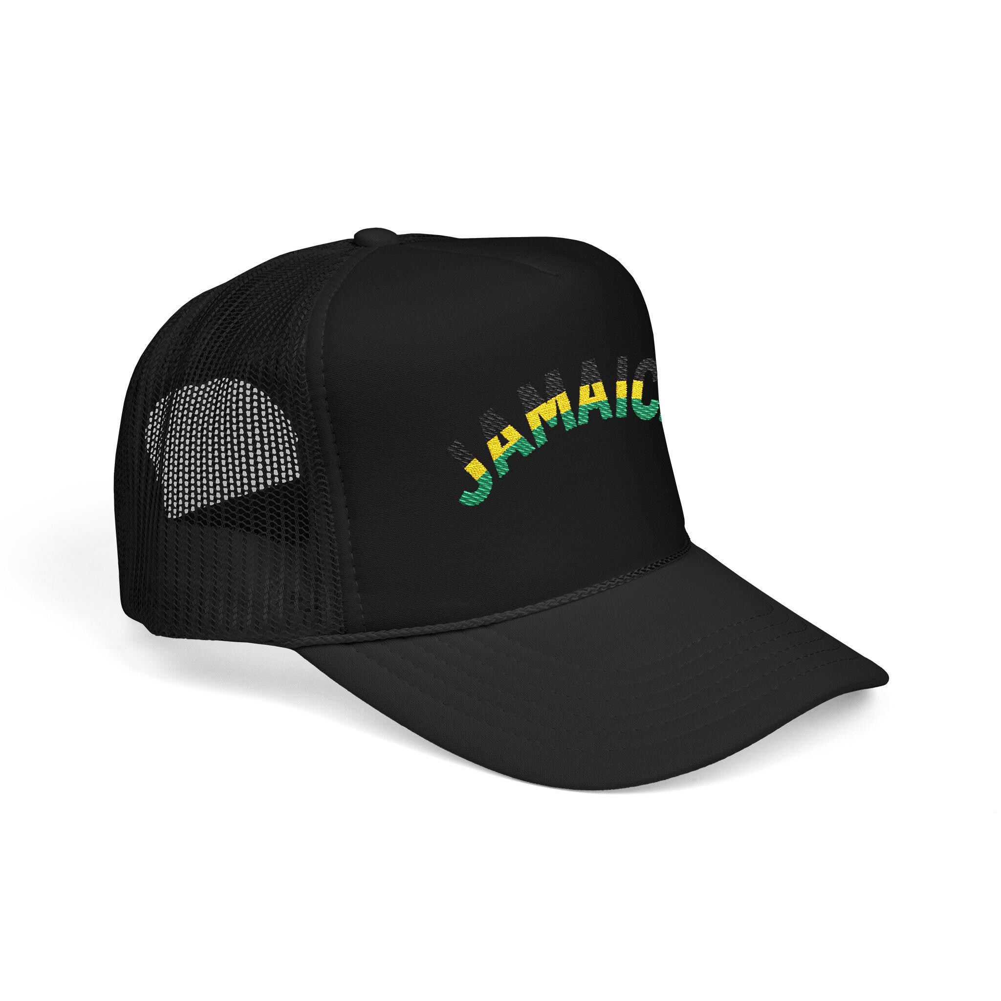 Jamaica Embroidered Trucker Hat. Red Island Vibe Snapback Mesh Cap with Rasta Color Text., product view 5