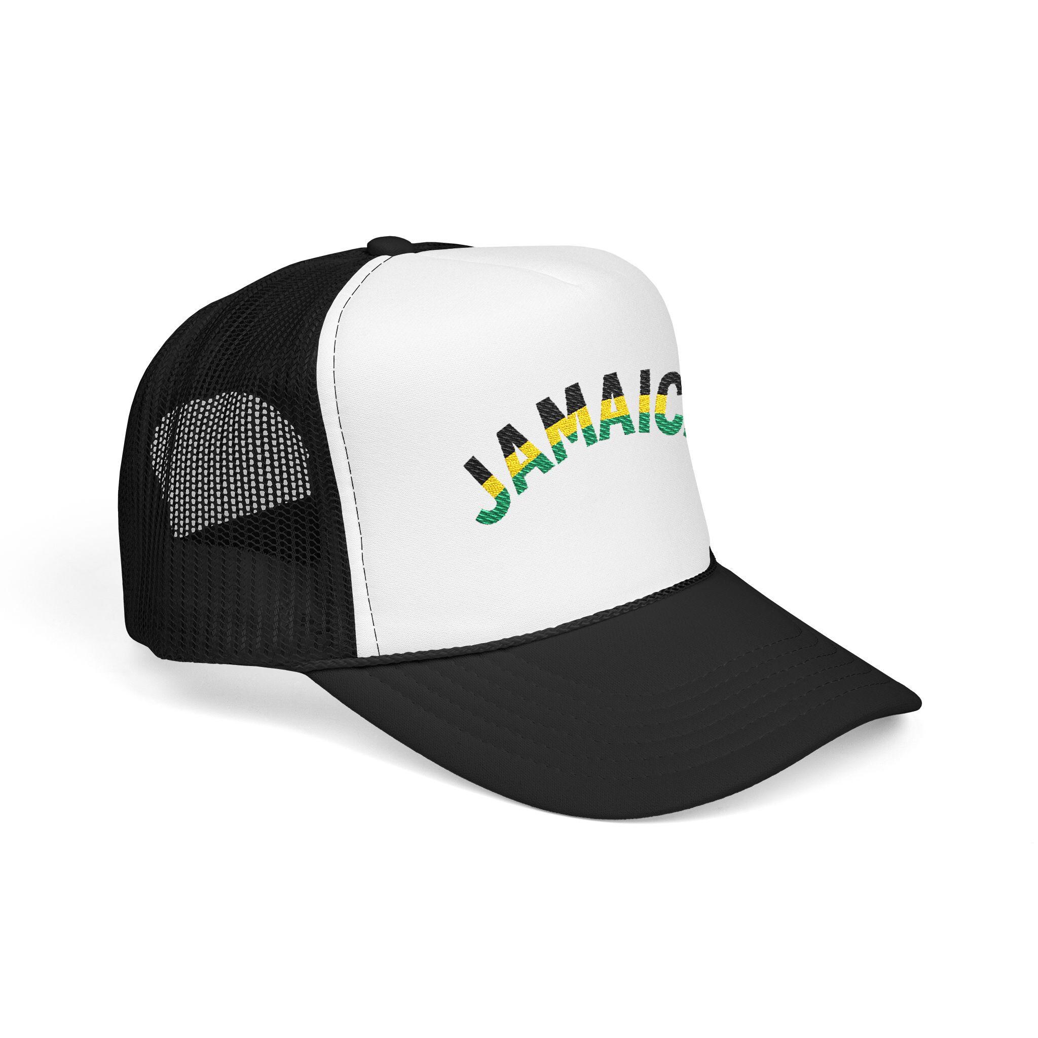 Jamaica Embroidered Trucker Hat. Red Island Vibe Snapback Mesh Cap with Rasta Color Text., product view 6