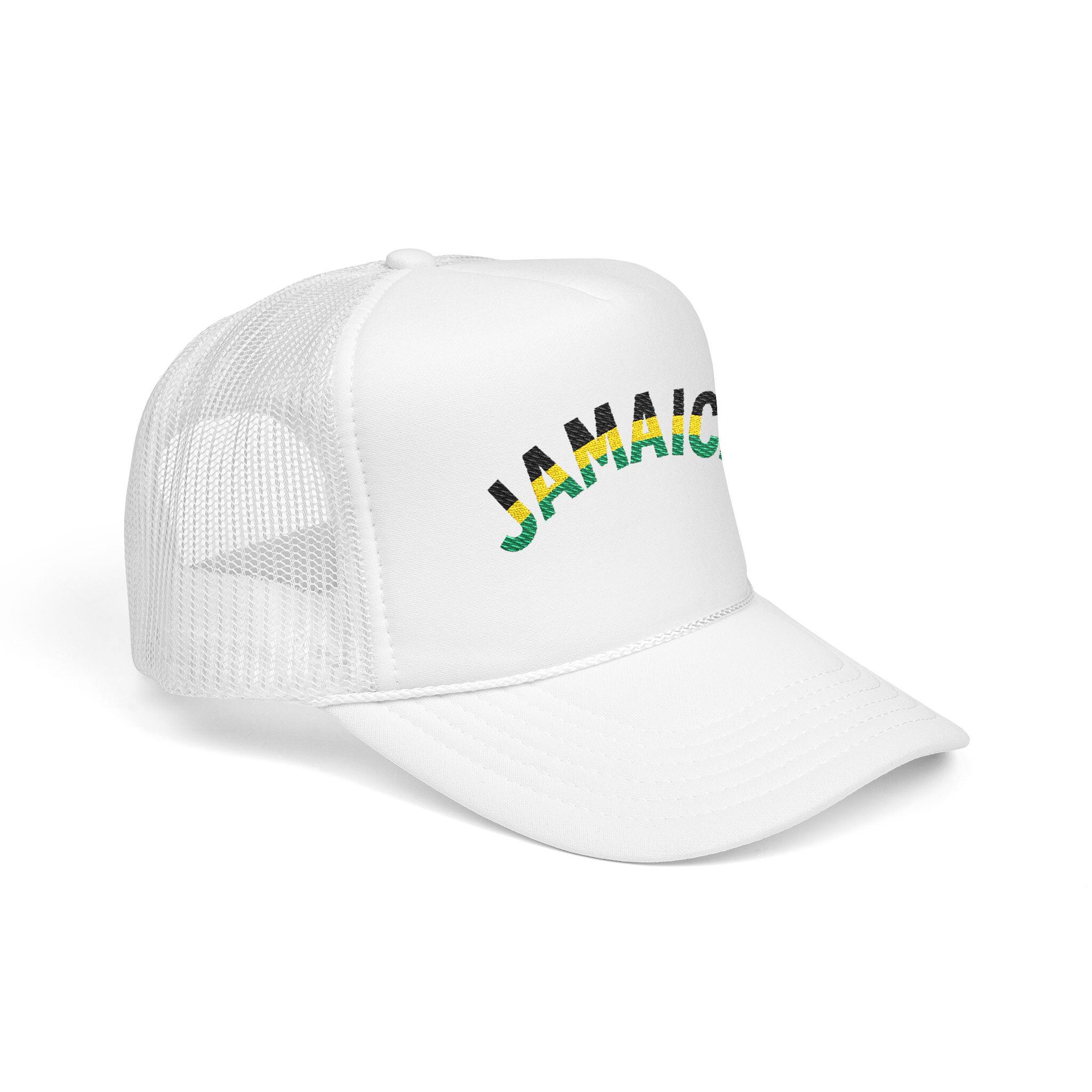 Jamaica Embroidered Trucker Hat. Red Island Vibe Snapback Mesh Cap with Rasta Color Text., product view 7