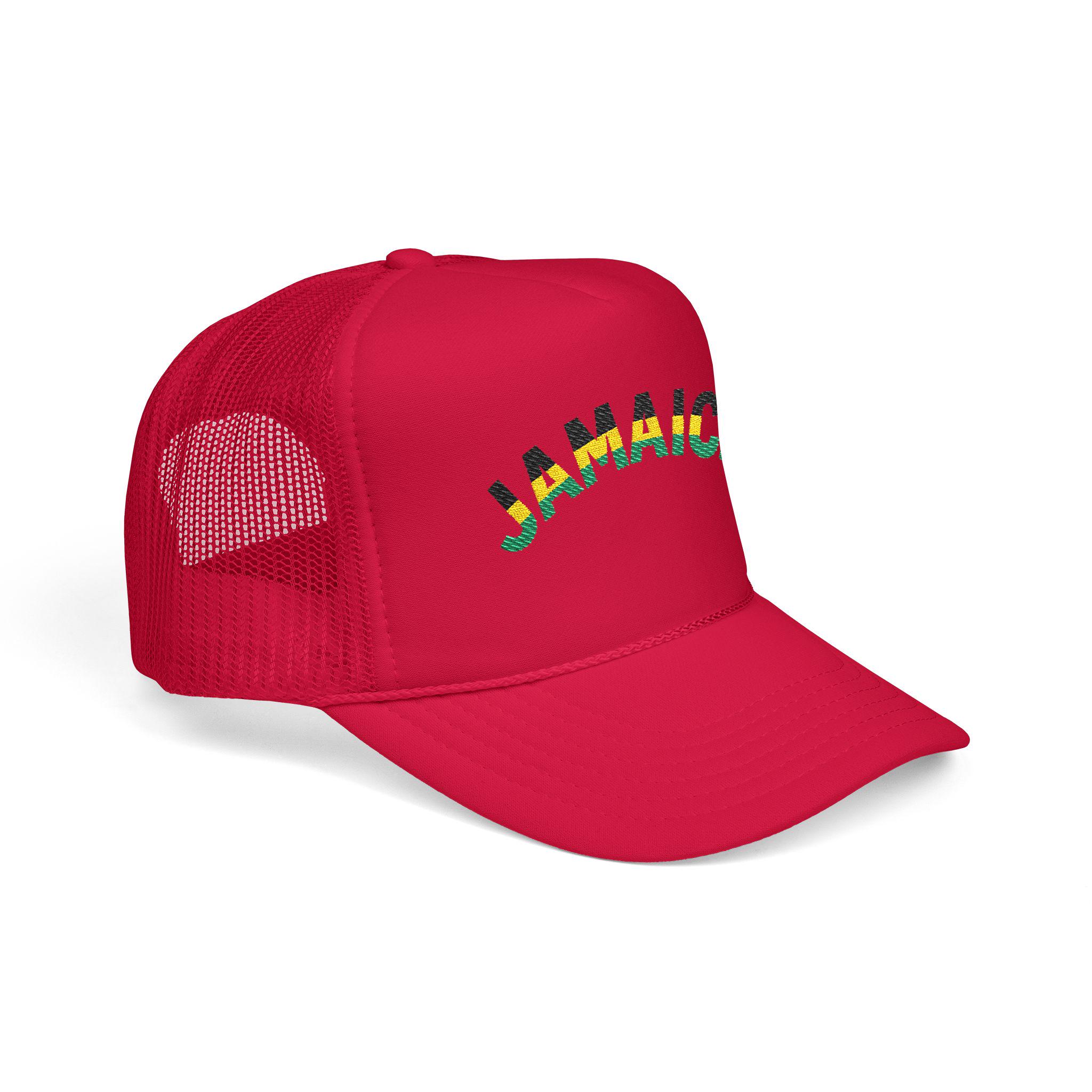 Jamaica Embroidered Trucker Hat. Red Island Vibe Snapback Mesh Cap with Rasta Color Text., product view 8