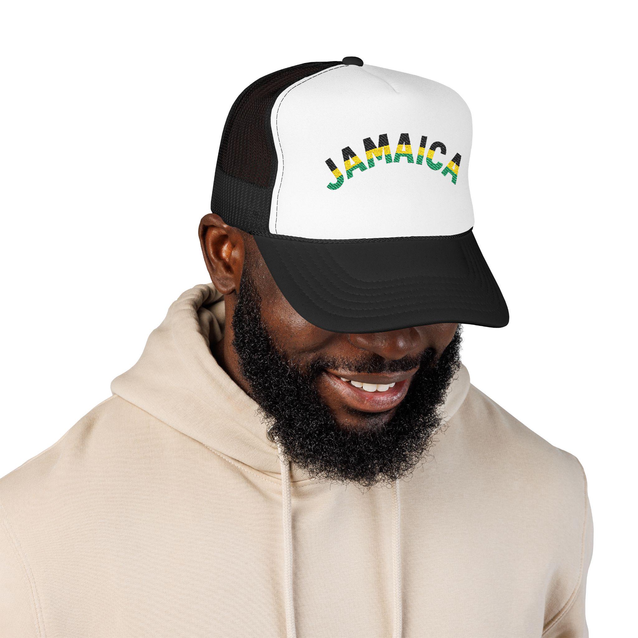 Jamaica Embroidered Trucker Hat. Red Island Vibe Snapback Mesh Cap with Rasta Color Text., product view 11