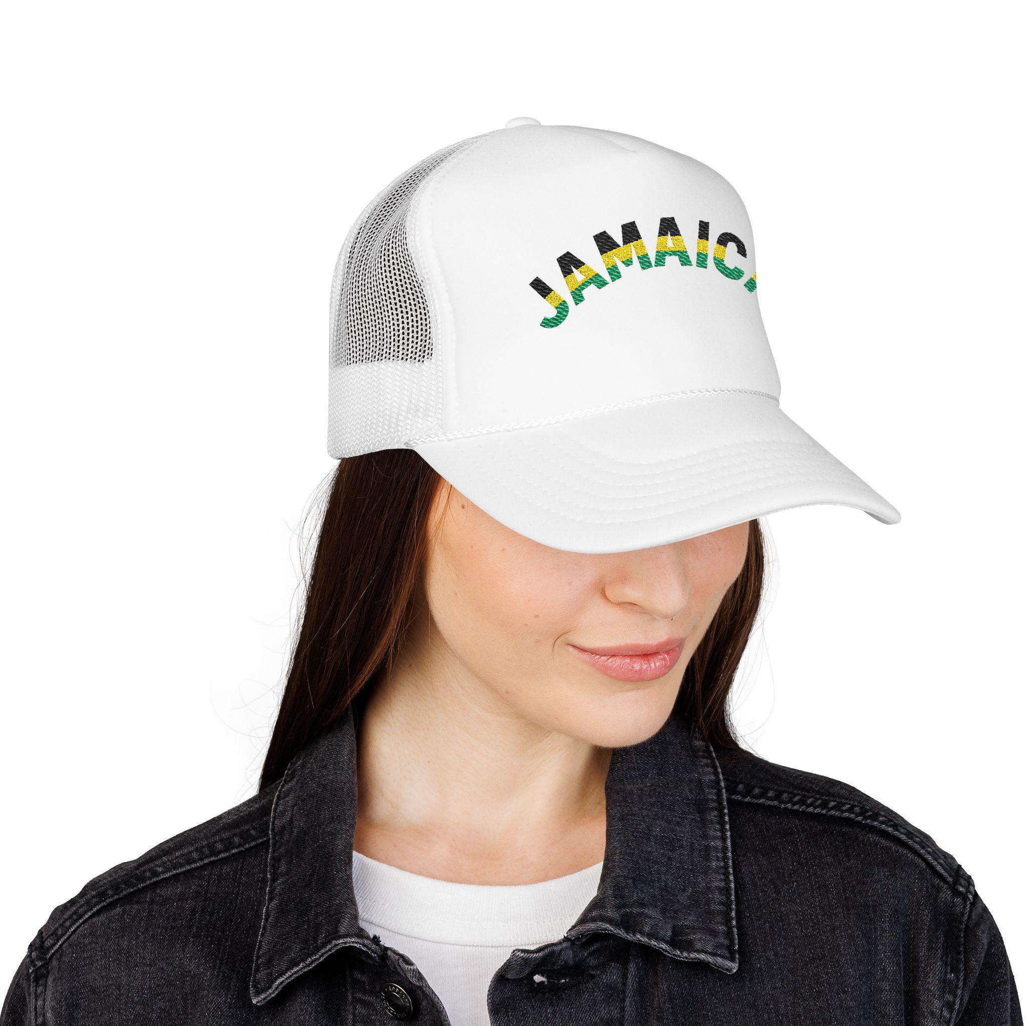 Jamaica Embroidered Trucker Hat. Red Island Vibe Snapback Mesh Cap with Rasta Color Text., product view 13