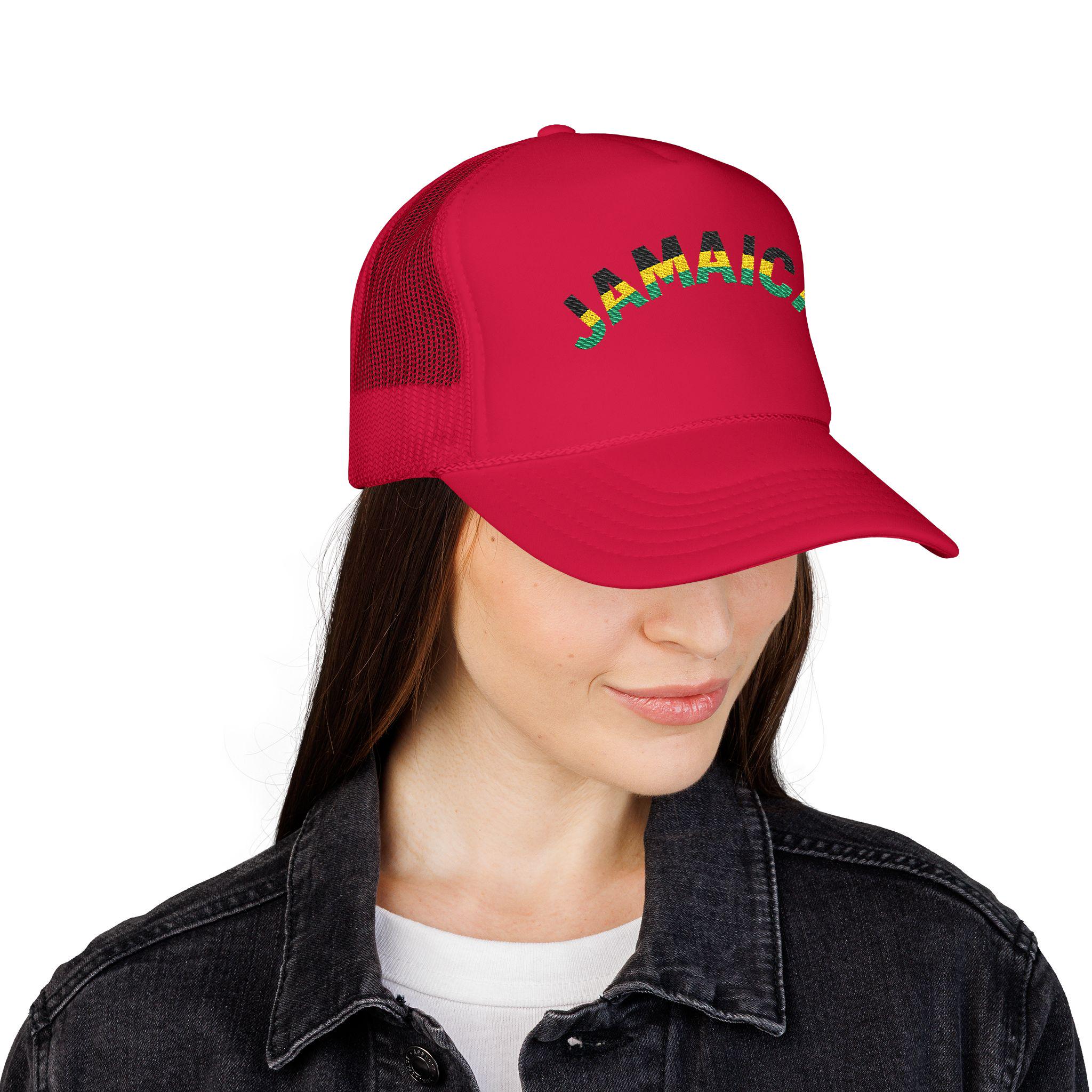 Jamaica Embroidered Trucker Hat. Red Island Vibe Snapback Mesh Cap with Rasta Color Text., product view 14