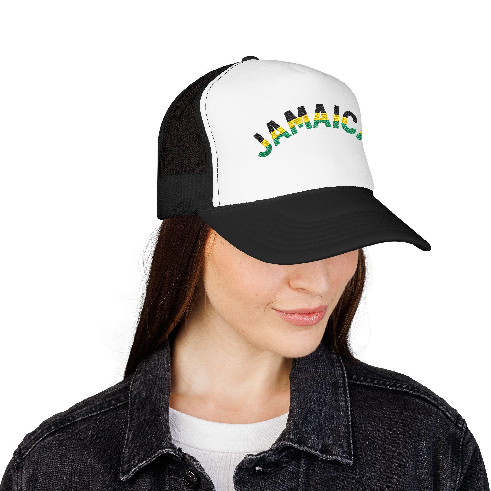 Jamaica Embroidered Trucker Hat. Red Island Vibe Snapback Mesh Cap with Rasta Color Text., product view 15