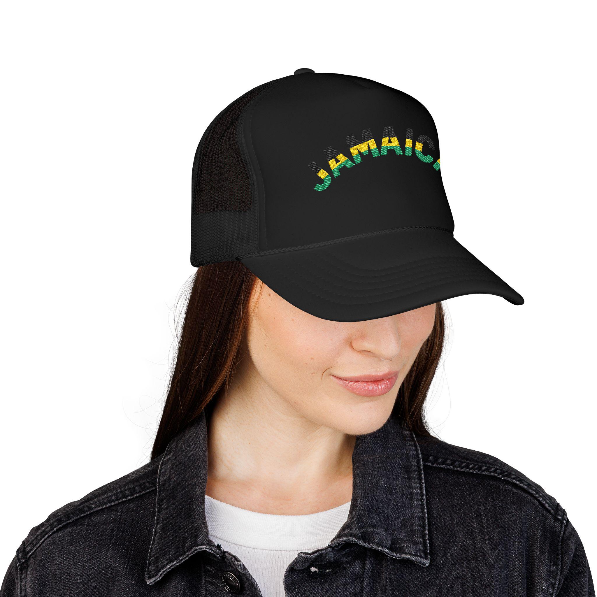 Jamaica Embroidered Trucker Hat. Red Island Vibe Snapback Mesh Cap with Rasta Color Text., product view 16