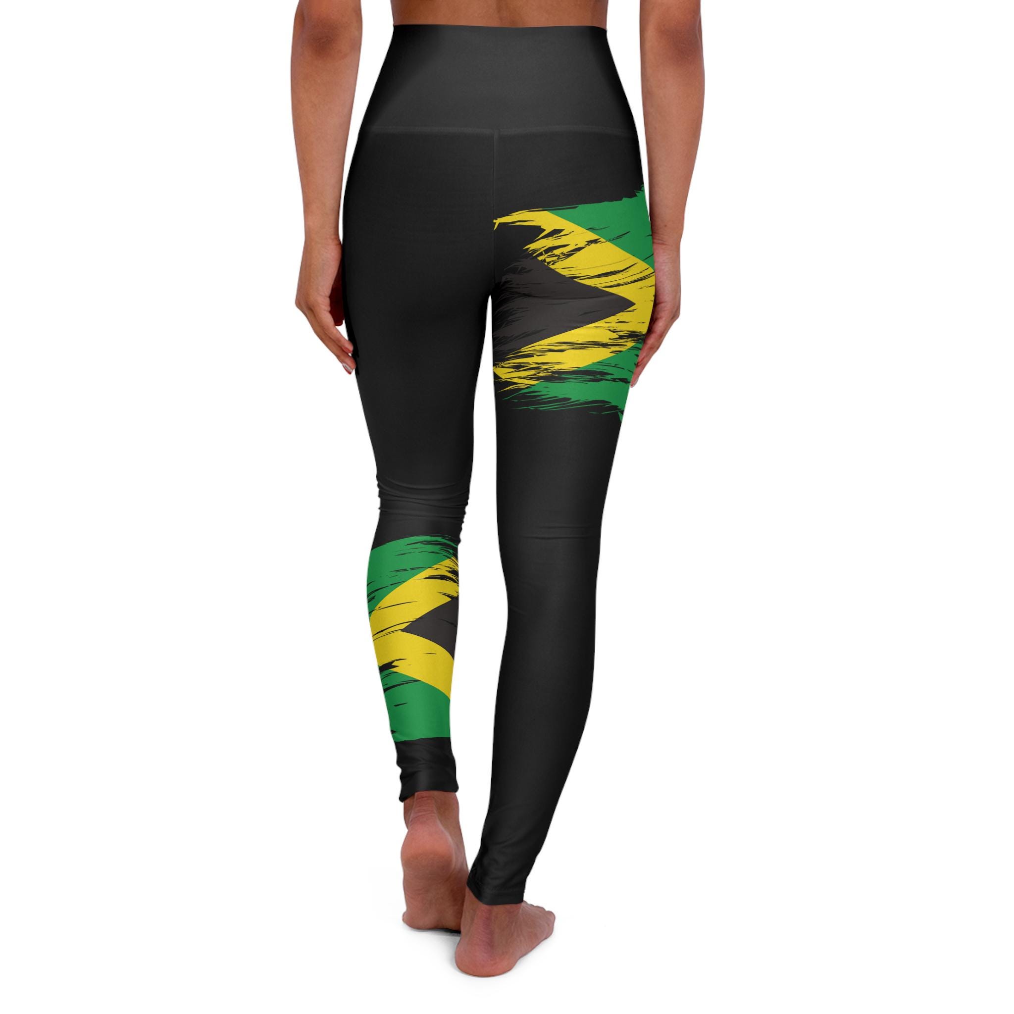 High Waisted Jamaica Flag Yoga Leggings, Caribbean Workout Tights, product view 4