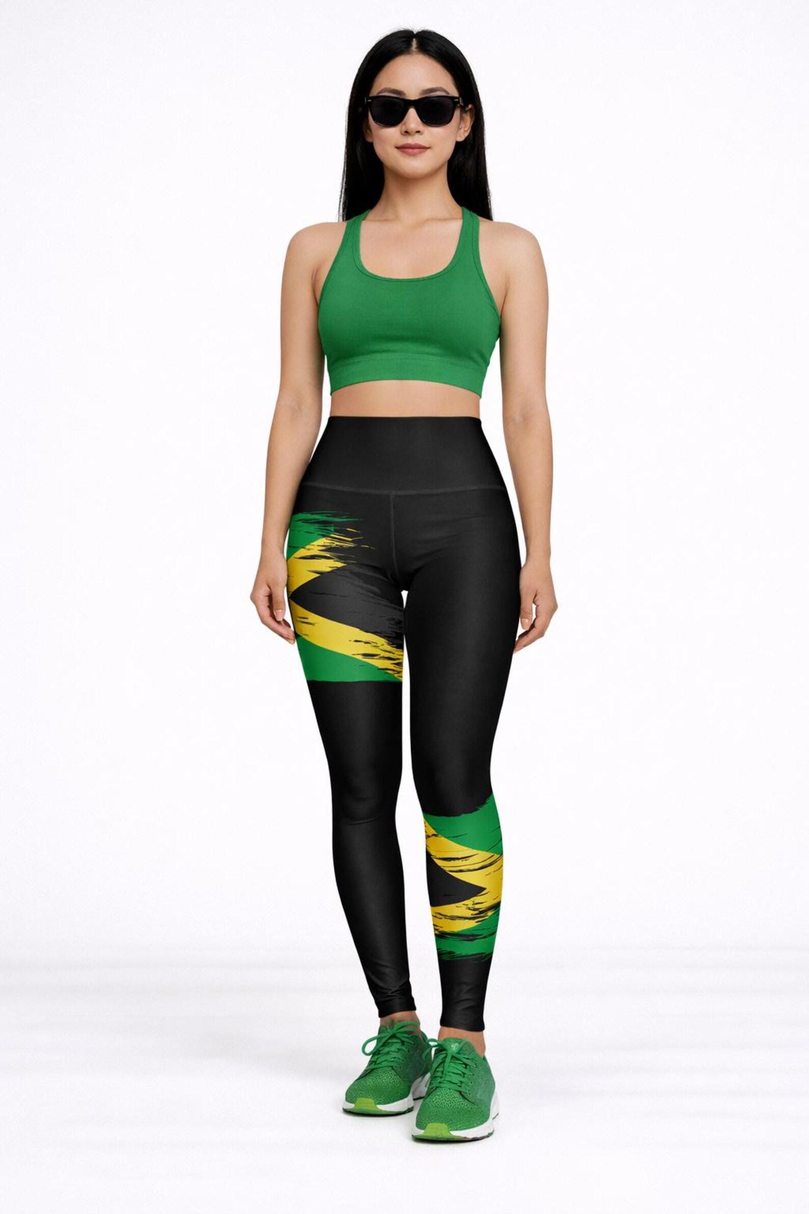 High Waisted Jamaica Flag Yoga Leggings, Caribbean Workout Tights, product view 5