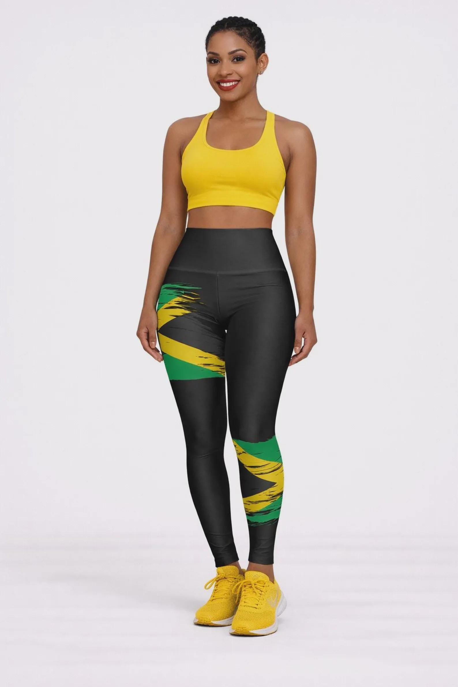 High Waisted Jamaica Flag Yoga Leggings, Caribbean Workout Tights, product view 6