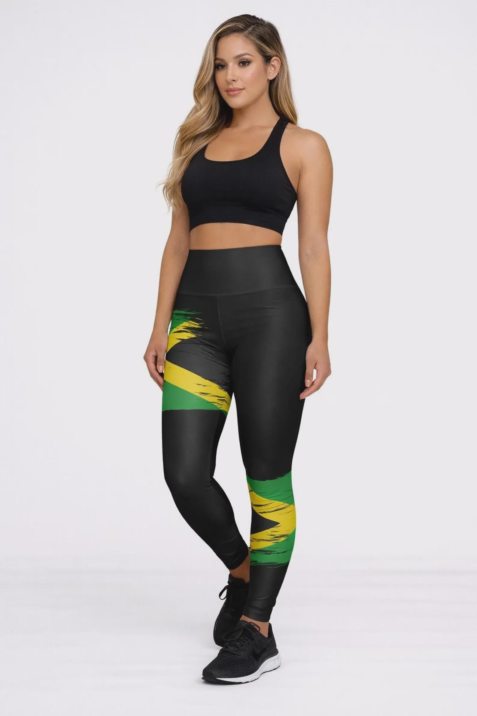 High Waisted Jamaica Flag Yoga Leggings, Caribbean Workout Tights, product view 7