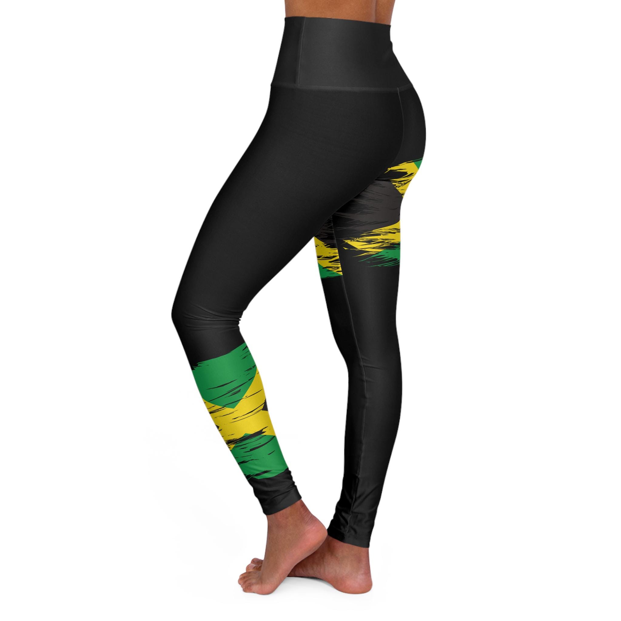 High Waisted Jamaica Flag Yoga Leggings, Caribbean Workout Tights, product view 8