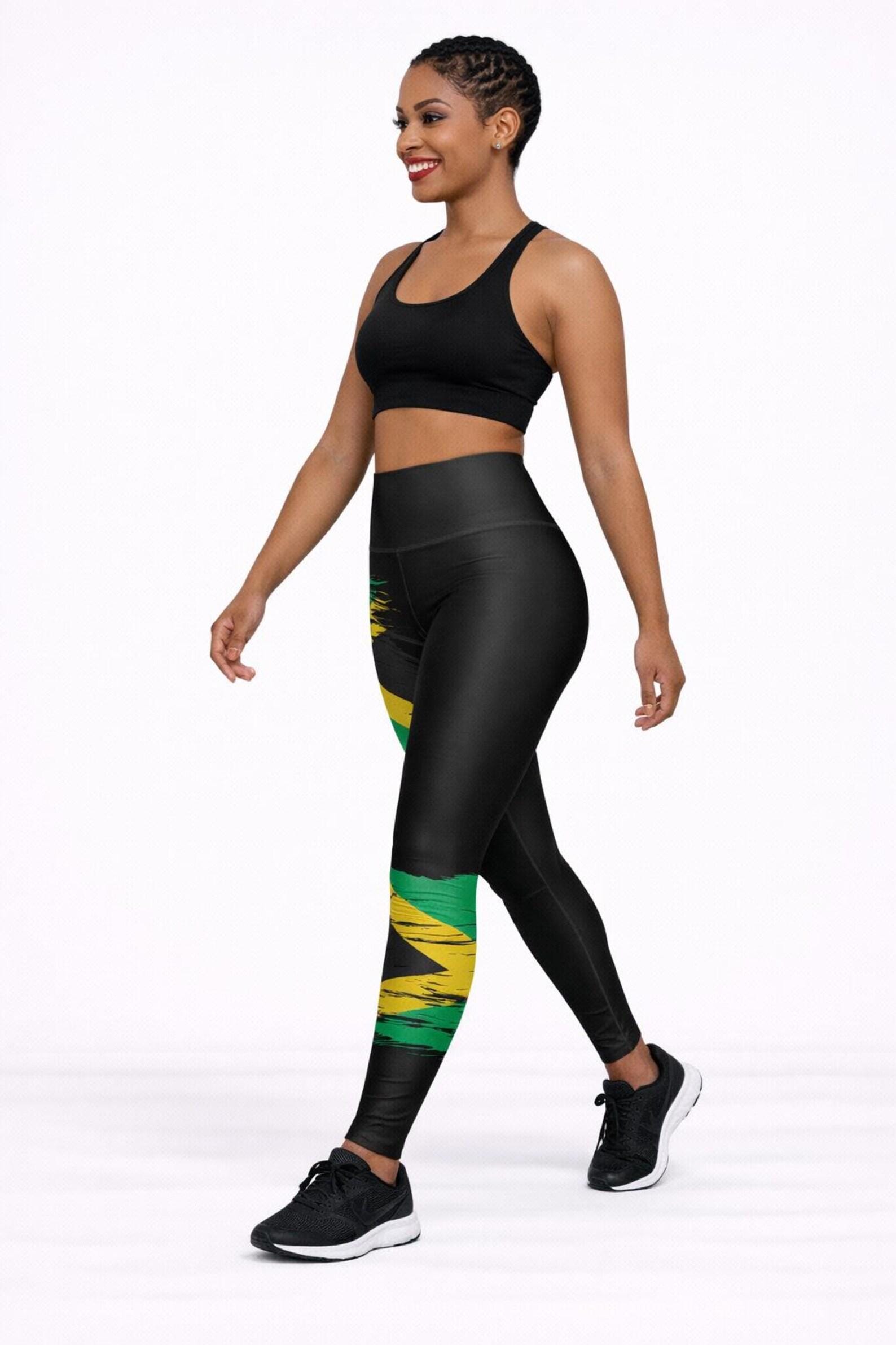 High Waisted Jamaica Flag Yoga Leggings, Caribbean Workout Tights, product view 9