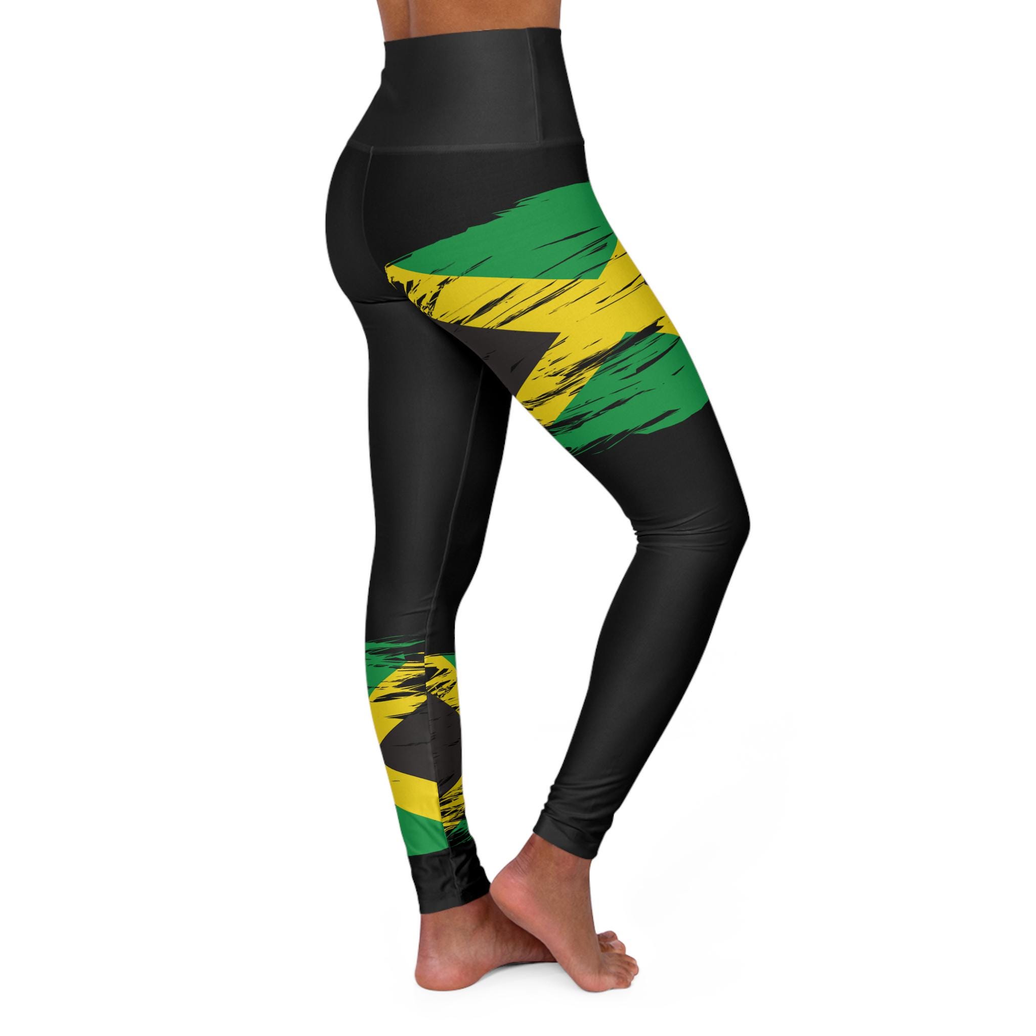High Waisted Jamaica Flag Yoga Leggings, Caribbean Workout Tights, product view 10