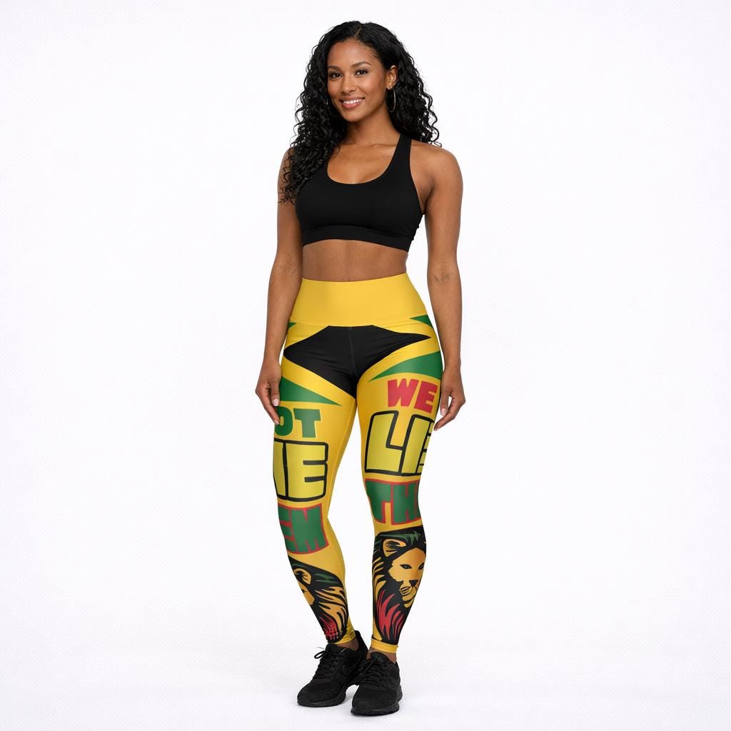Jamaica High Waisted Leggings, Lion Graphic Workout Yoga Pants, Caribbean Fitness Tights, product view 4