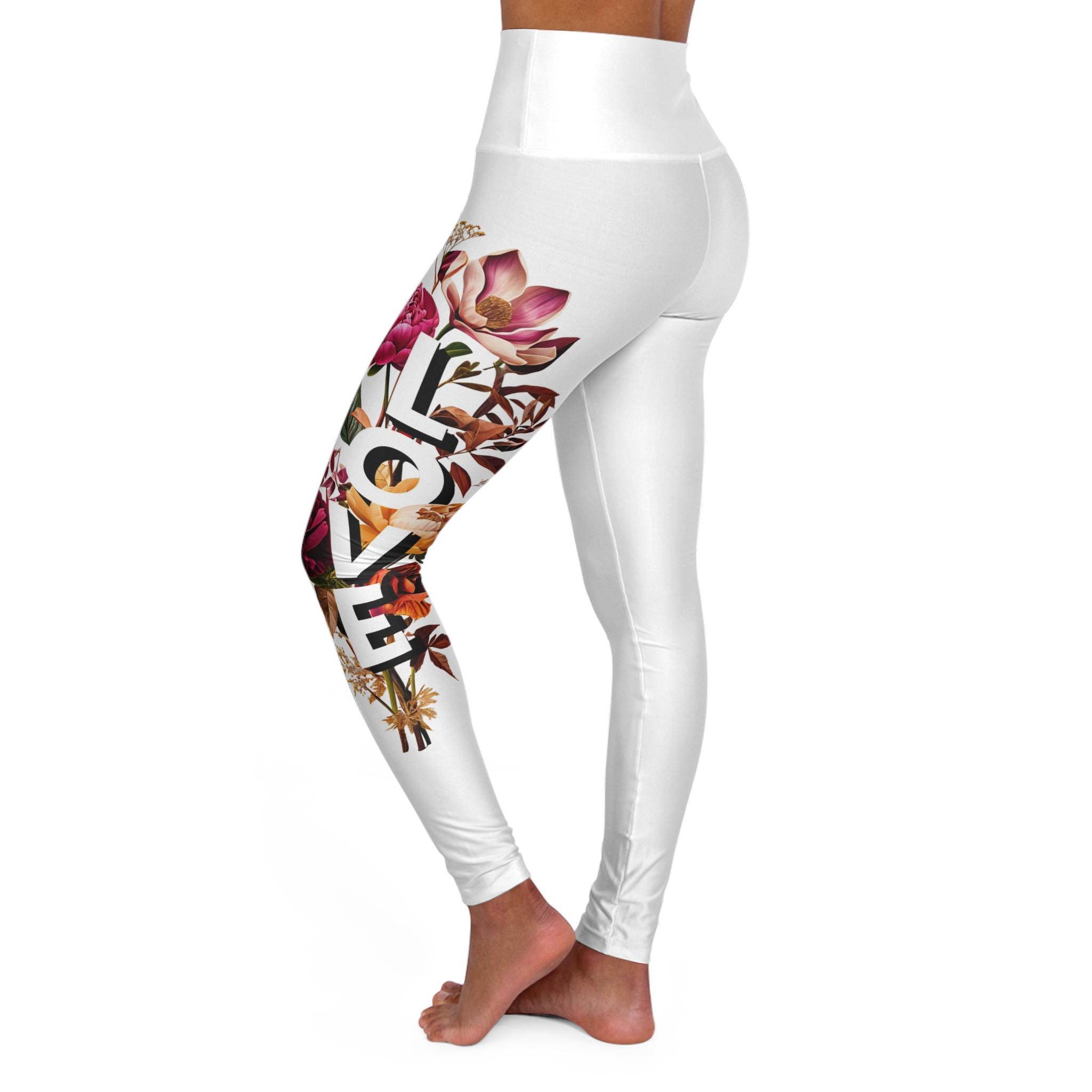 Women's White High Waisted Yoga Leggings With Floral Love Design.