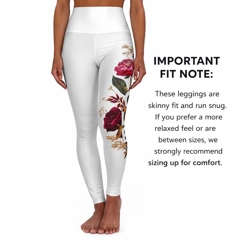 Women's White High Waisted Yoga Leggings With Floral Love Design., product view 3