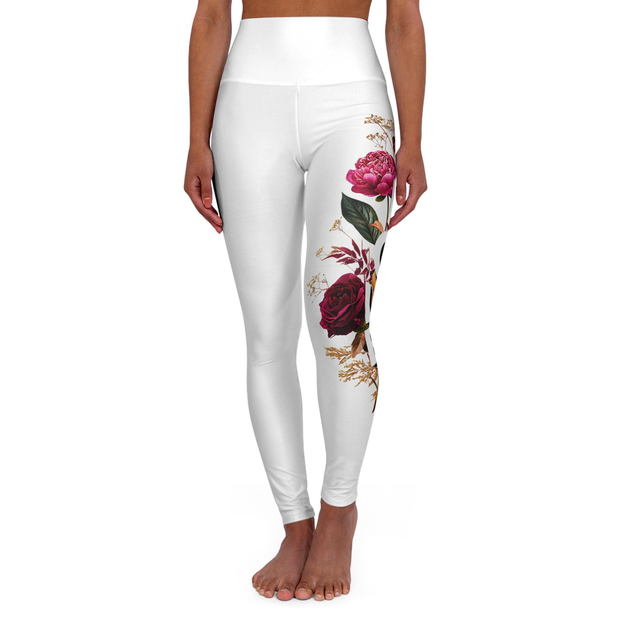 Women's White High Waisted Yoga Leggings With Floral Love Design., product view 5