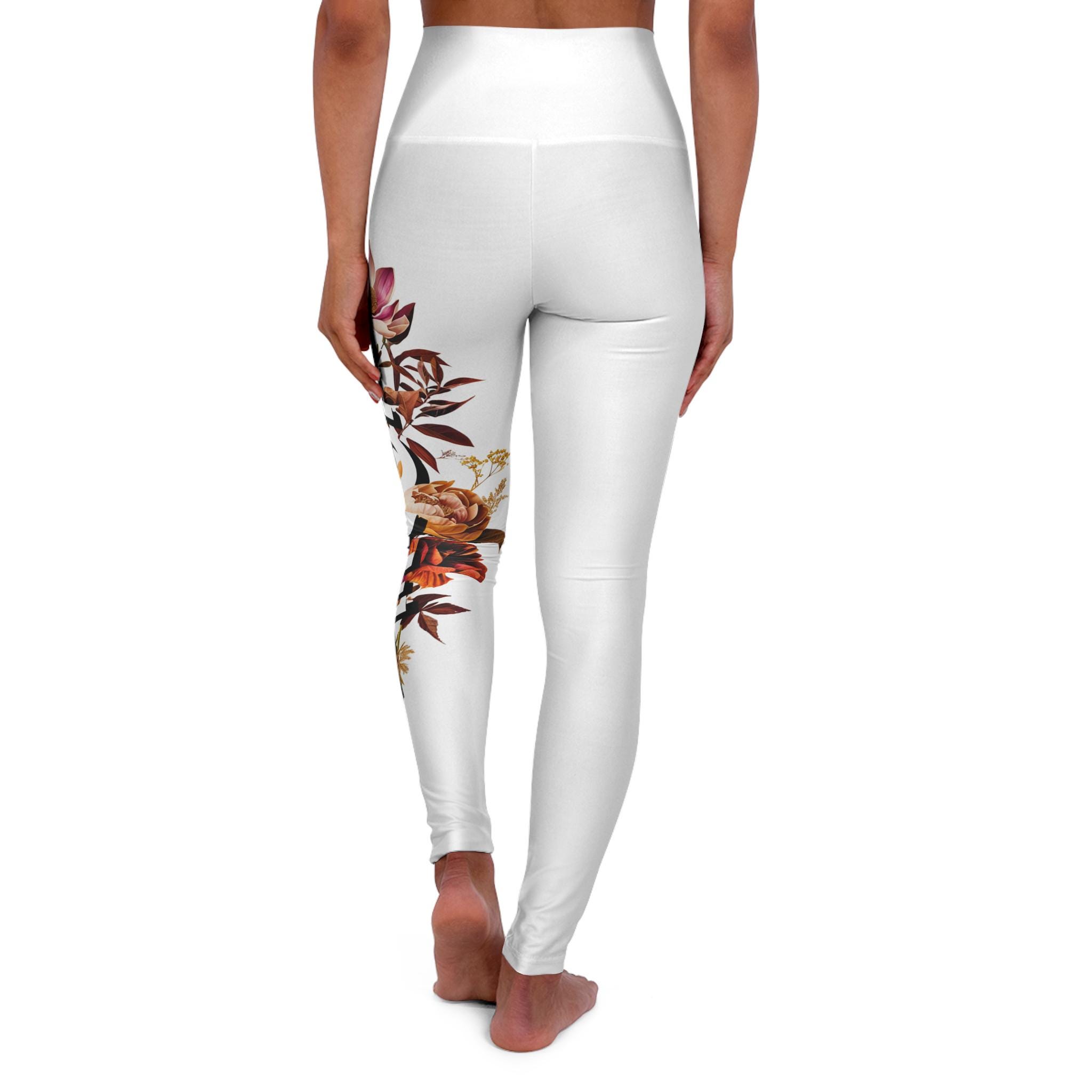 Women's White High Waisted Yoga Leggings With Floral Love Design., product view 6