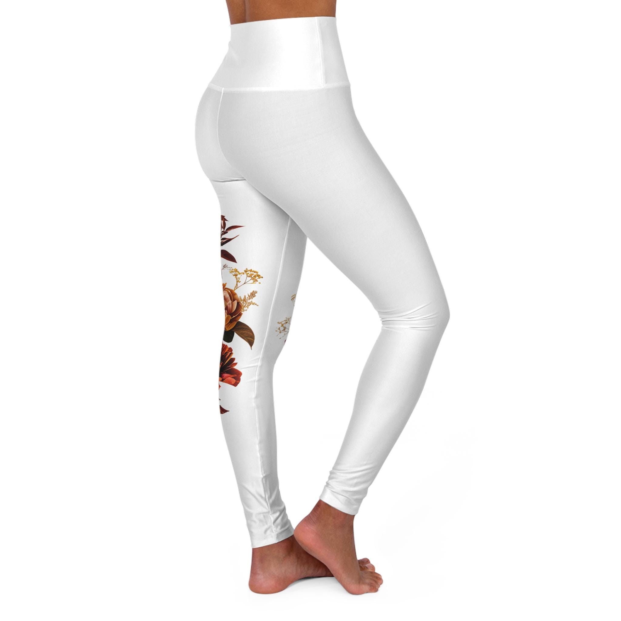 Women's White High Waisted Yoga Leggings With Floral Love Design., product view 8