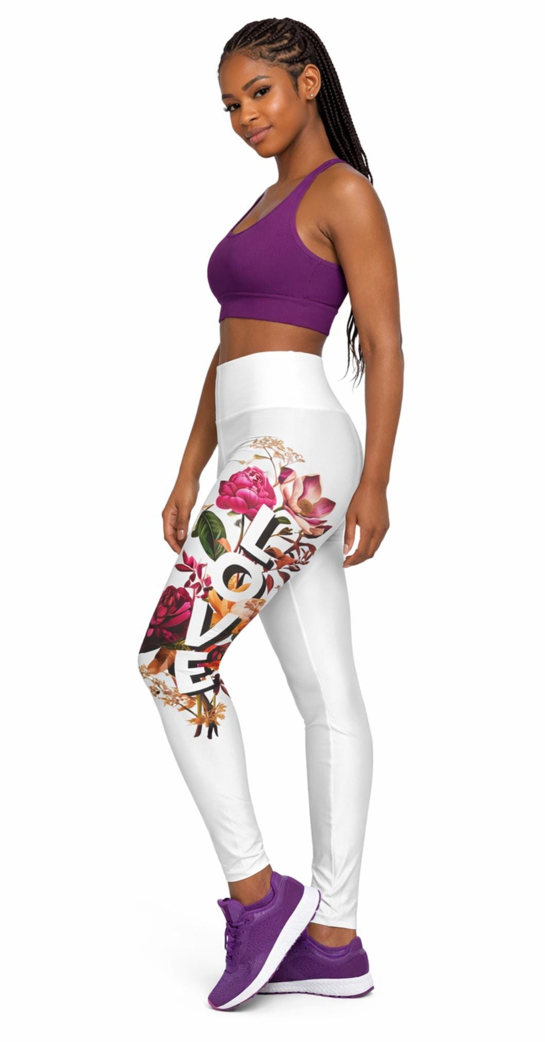 Women's White High Waisted Yoga Leggings With Floral Love Design., product view 10