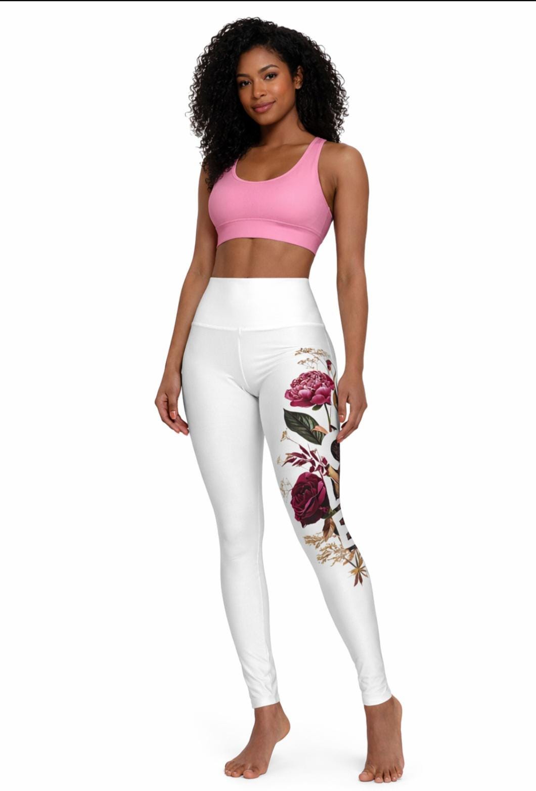 Women's White High Waisted Yoga Leggings With Floral Love Design., product view 12