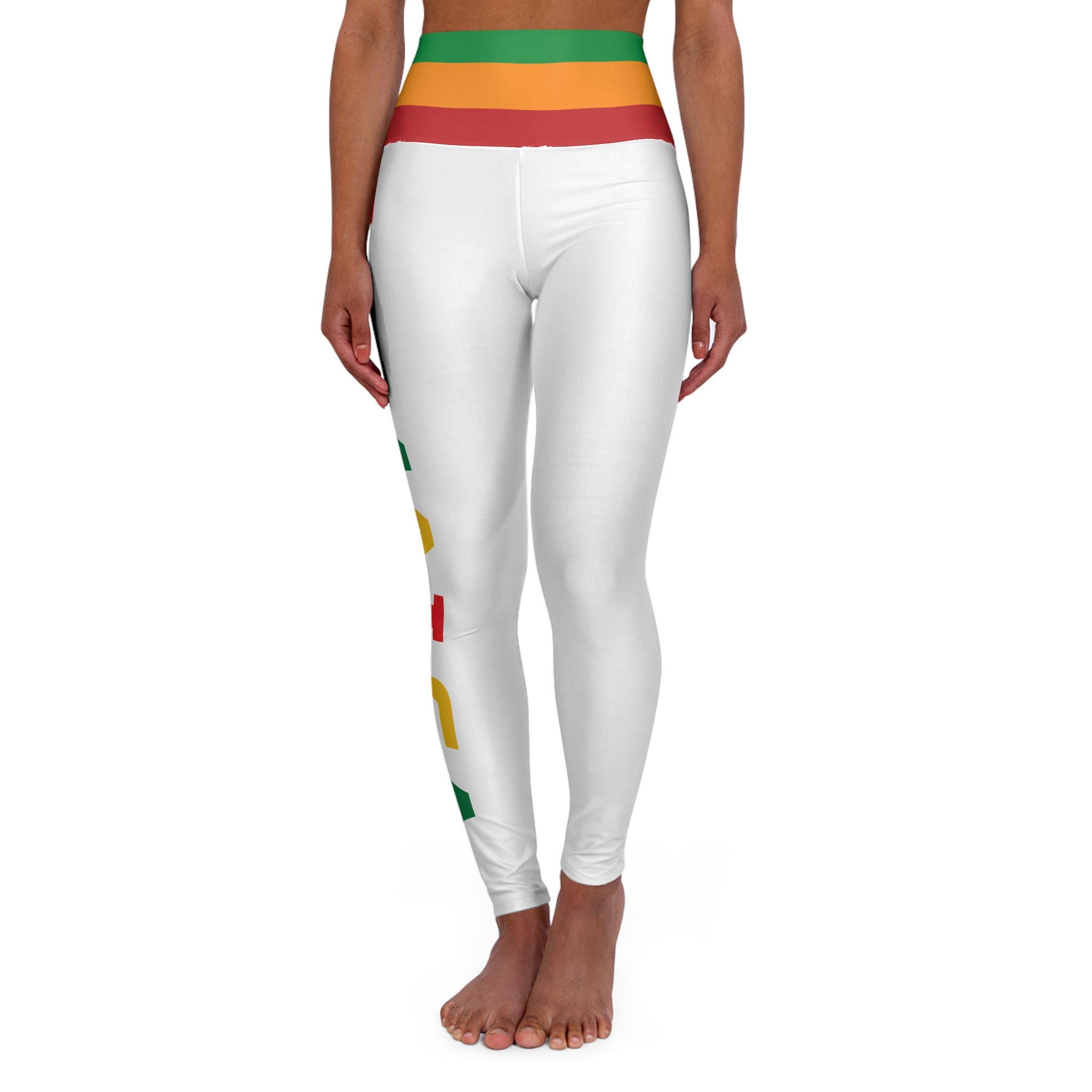 White Jamaica Pride High Waist Skinny Fit Yoga Pants, Red Gold Green Caribbean Activewear