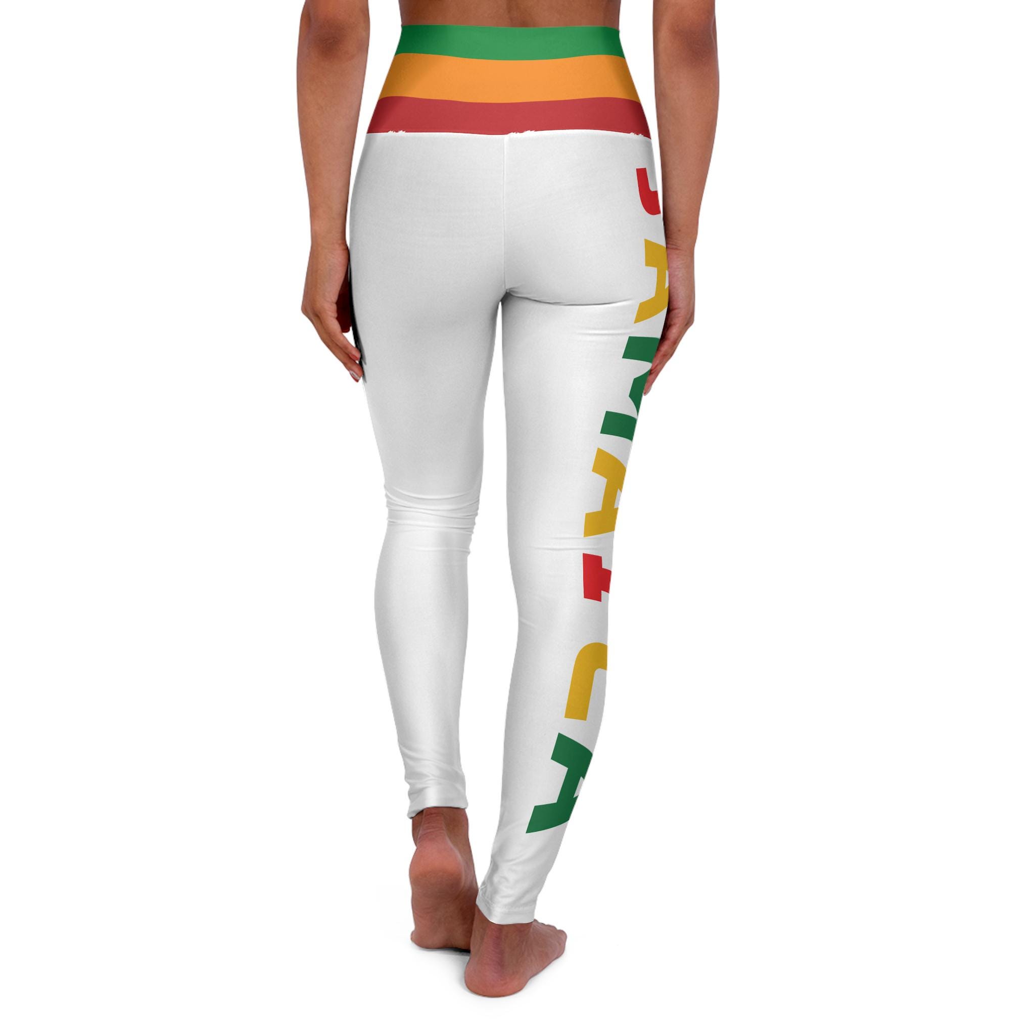 White Jamaica Pride High Waist Skinny Fit Yoga Pants, Red Gold Green Caribbean Activewear, product view 2