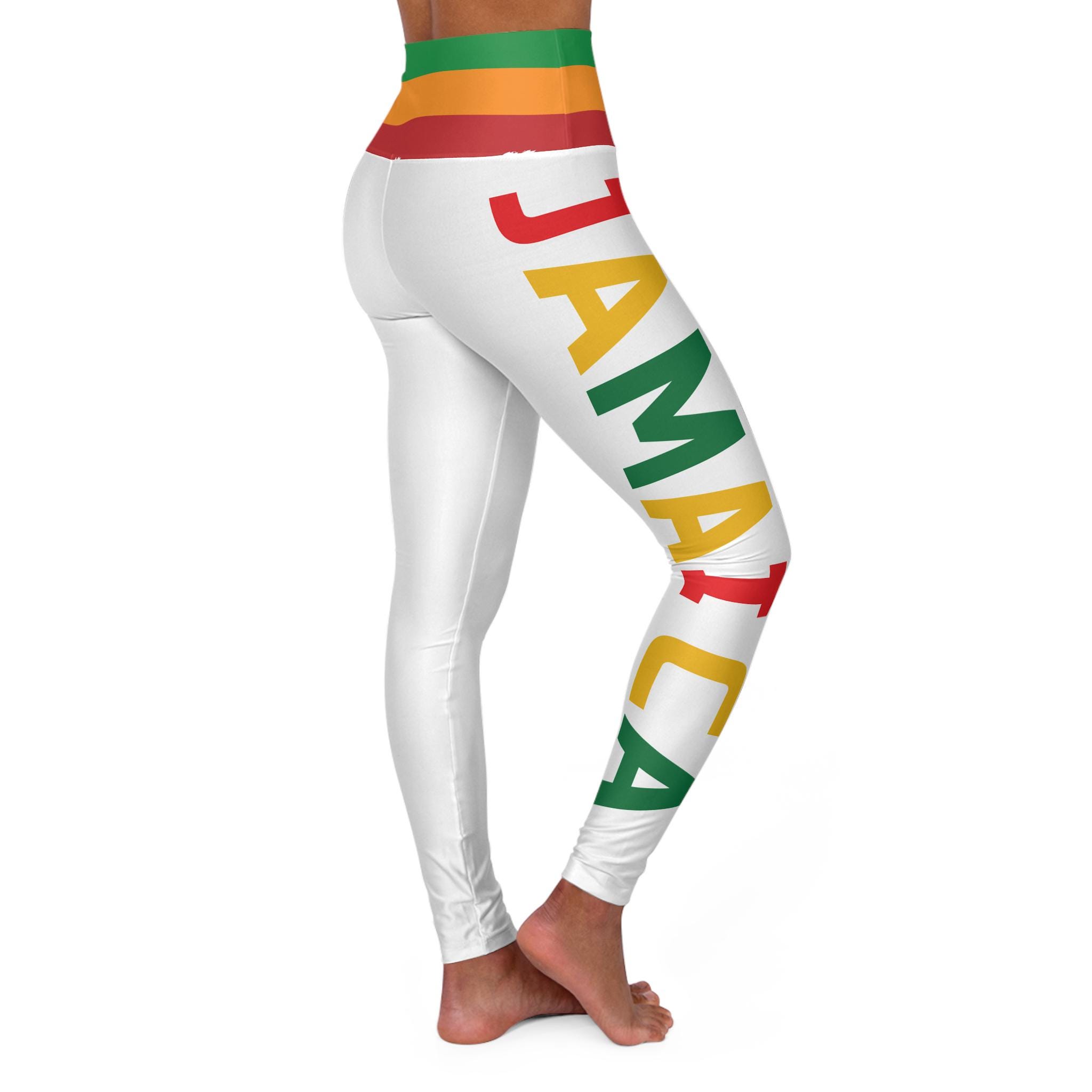 White Jamaica Pride High Waist Skinny Fit Yoga Pants, Red Gold Green Caribbean Activewear, product view 4