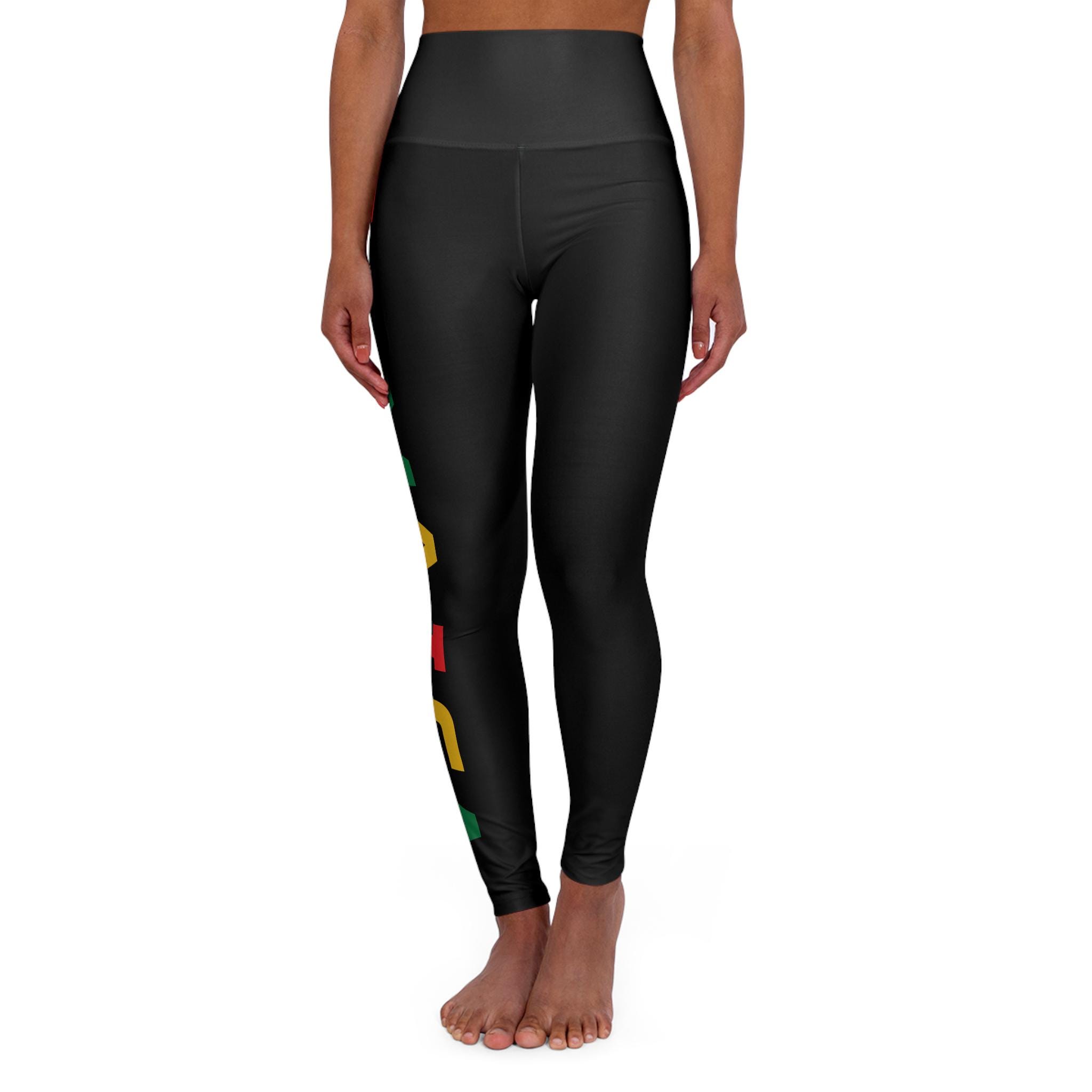 Jamaica Pride Full Length Leggings. High Waist Black Yoga Pants, Rasta Colors, product view 2