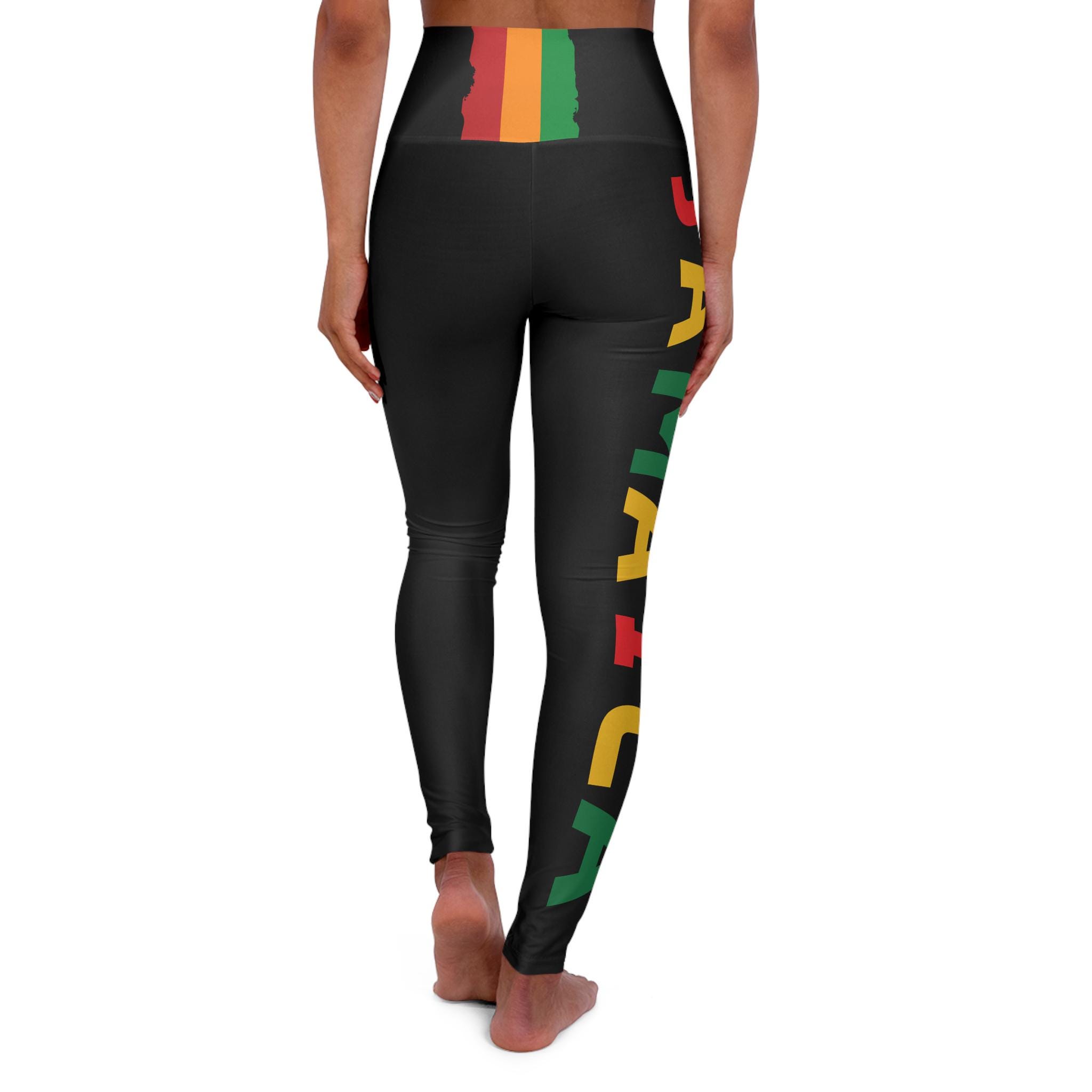 Jamaica Pride Full Length Leggings. High Waist Black Yoga Pants, Rasta Colors, product view 5