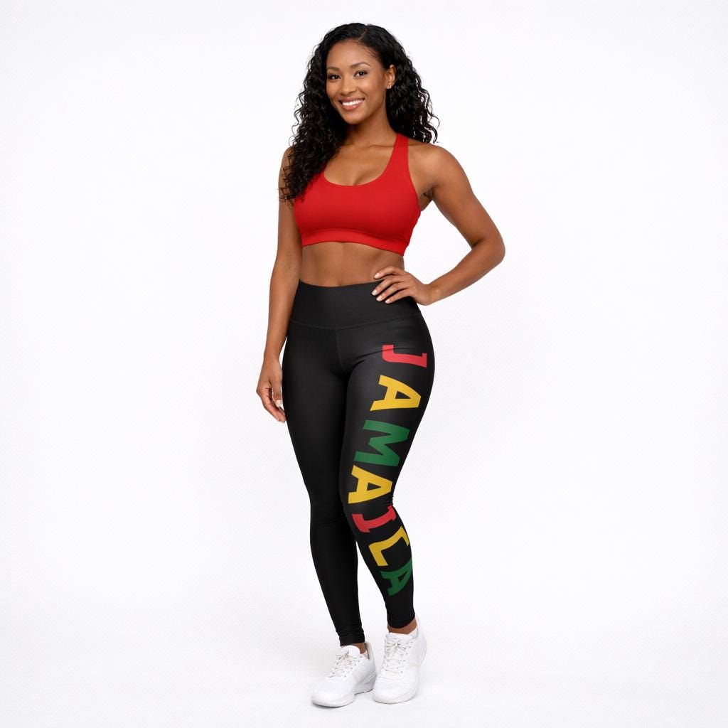 Jamaica Pride Full Length Leggings. High Waist Black Yoga Pants, Rasta Colors, product view 6