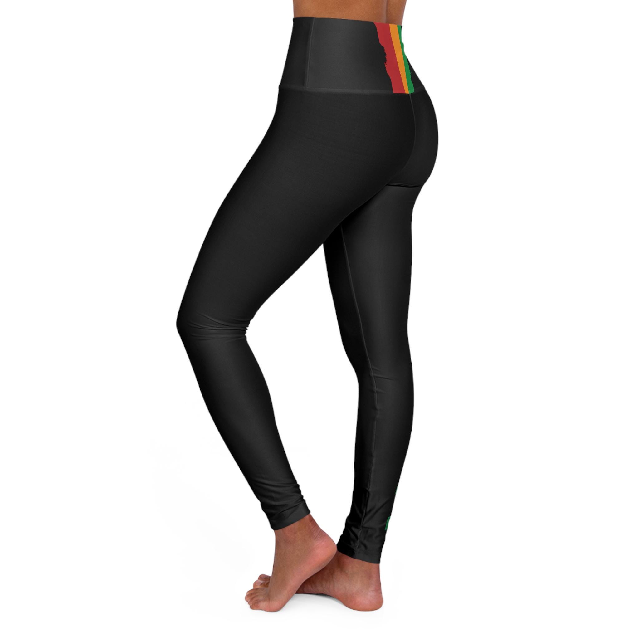Jamaica Pride Full Length Leggings. High Waist Black Yoga Pants, Rasta Colors, product view 7