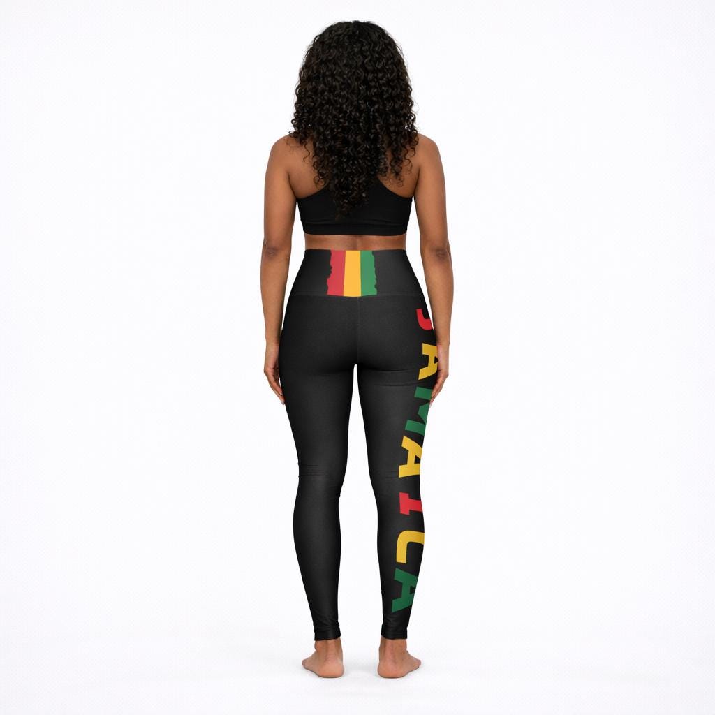 Jamaica Pride Full Length Leggings. High Waist Black Yoga Pants, Rasta Colors, product view 8