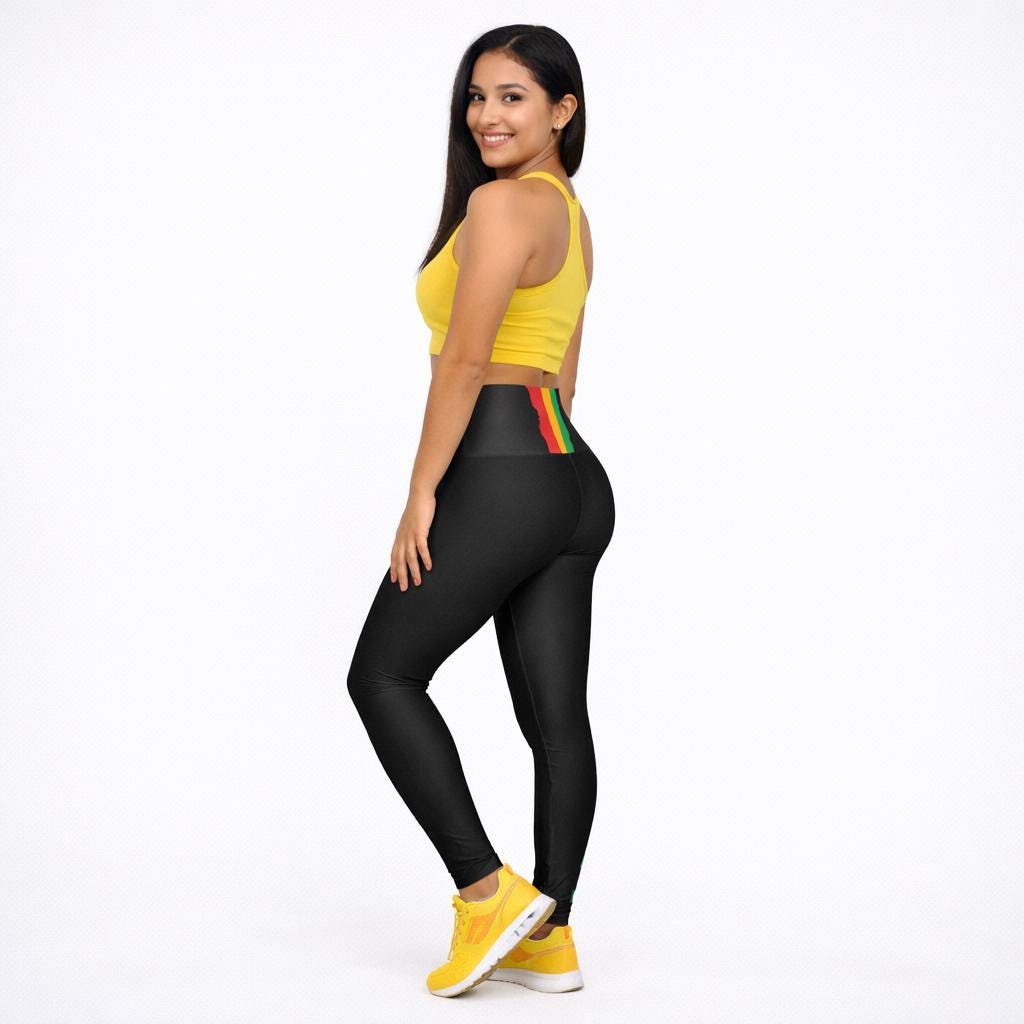 Jamaica Pride Full Length Leggings. High Waist Black Yoga Pants, Rasta Colors, product view 9