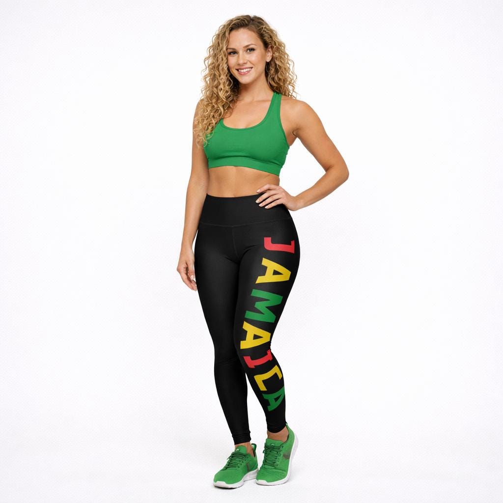 Jamaica Pride Full Length Leggings. High Waist Black Yoga Pants, Rasta Colors, product view 10