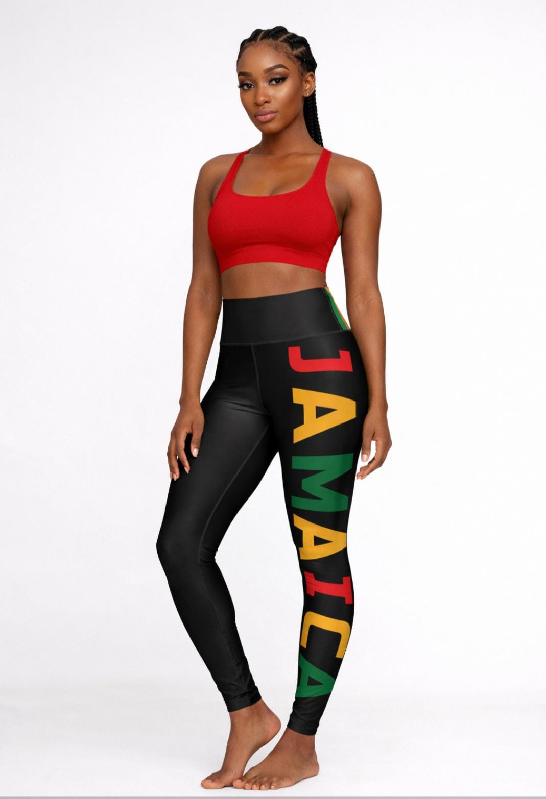 Jamaica Pride Full Length Leggings. High Waist Black Yoga Pants, Rasta Colors, product view 11