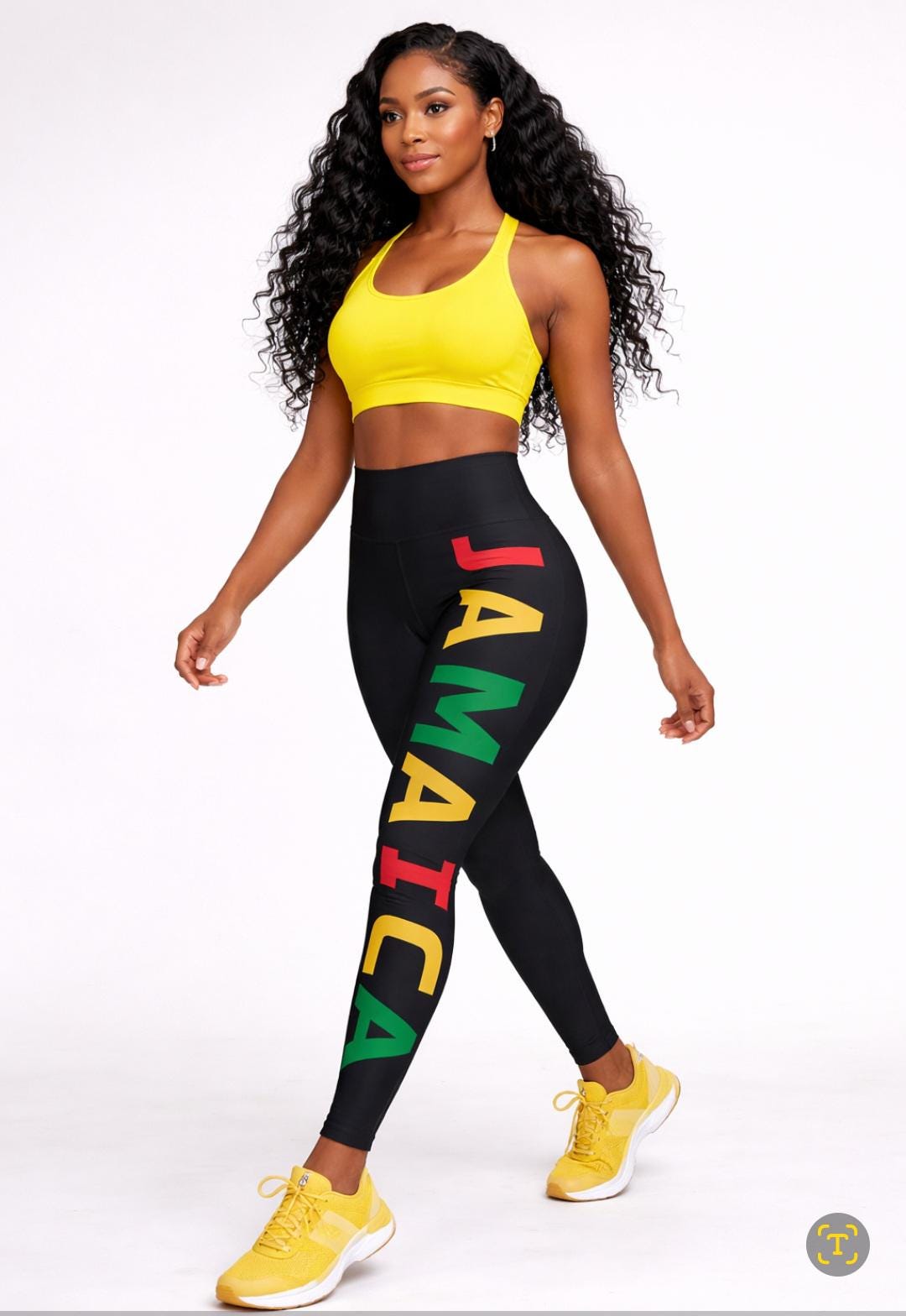 Jamaica Pride Full Length Leggings. High Waist Black Yoga Pants, Rasta Colors, product view 12