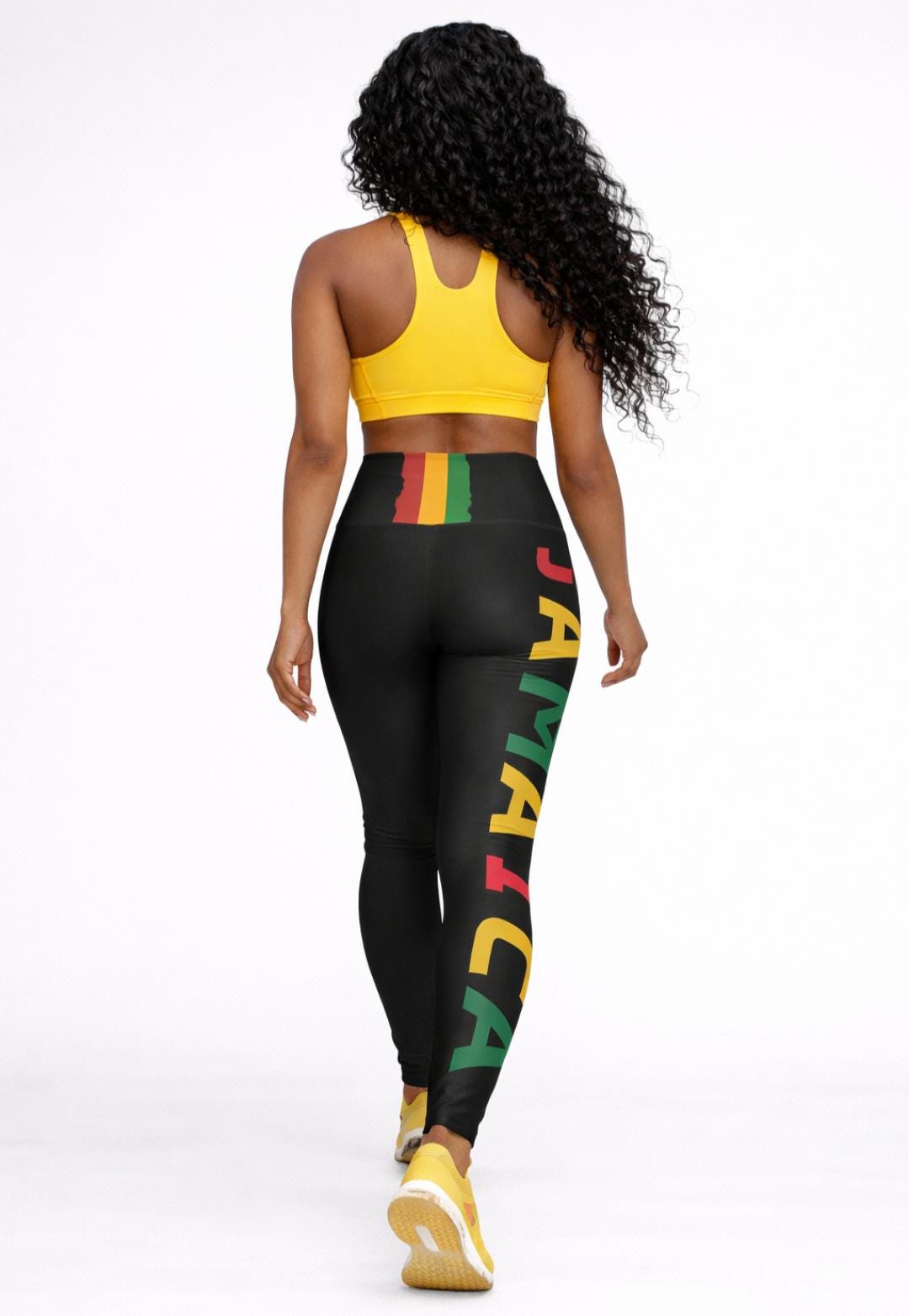 Jamaica Pride Full Length Leggings. High Waist Black Yoga Pants, Rasta Colors, product view 13