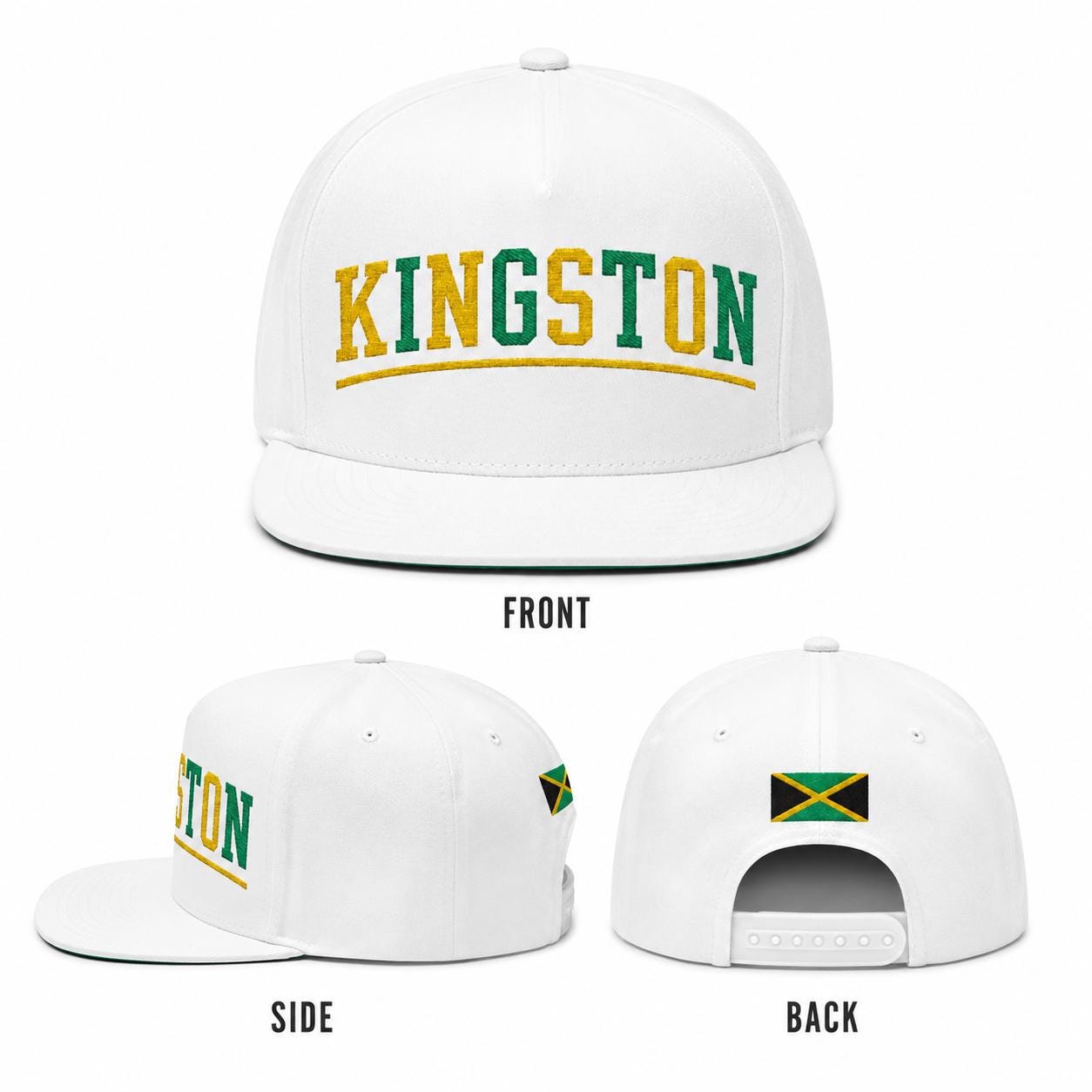 Kingston Jamaica Snapback Hat, Embroidered Flat Bill Cap, Jamaican Flag Streetwear, Unisex Gift., product view 20