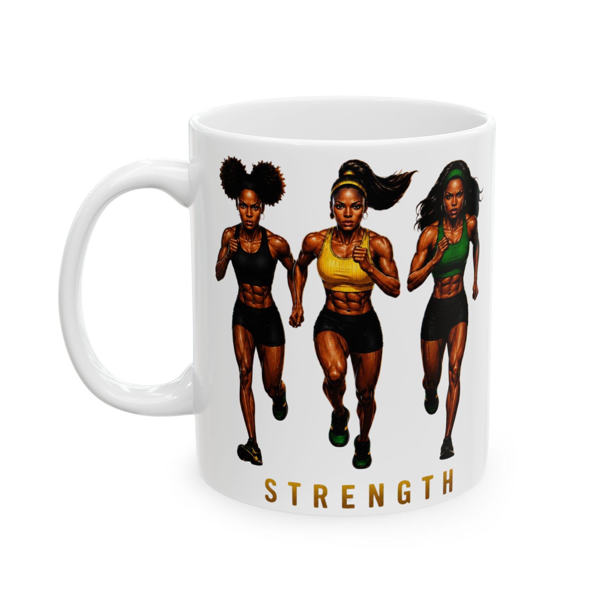 Strength & Resilience Mug, Black Woman Fitness Motivation Ceramic Coffee Cup. Gift For Her