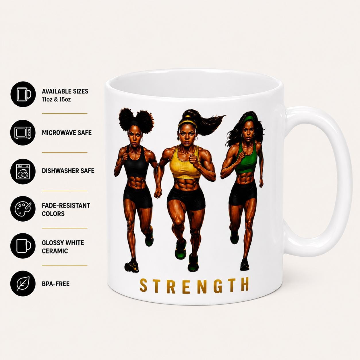 Strength & Resilience Mug, Black Woman Fitness Motivation Ceramic Coffee Cup. Gift For Her, product view 3