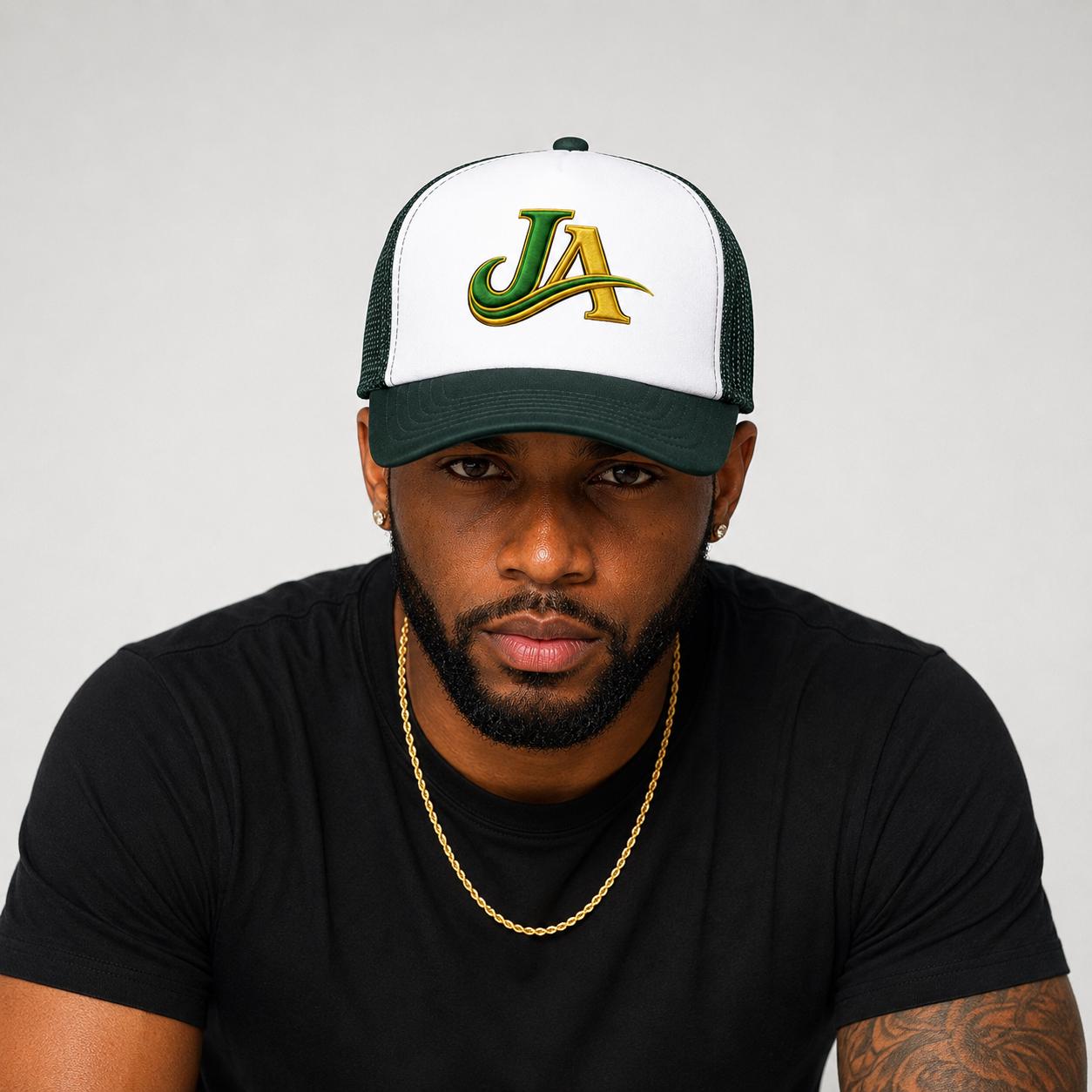 JA Logo Embroidered Trucker Hat, Green and Gold Mesh Cap, Caribbean Streetwear Hat, Island Lifestyle Gift