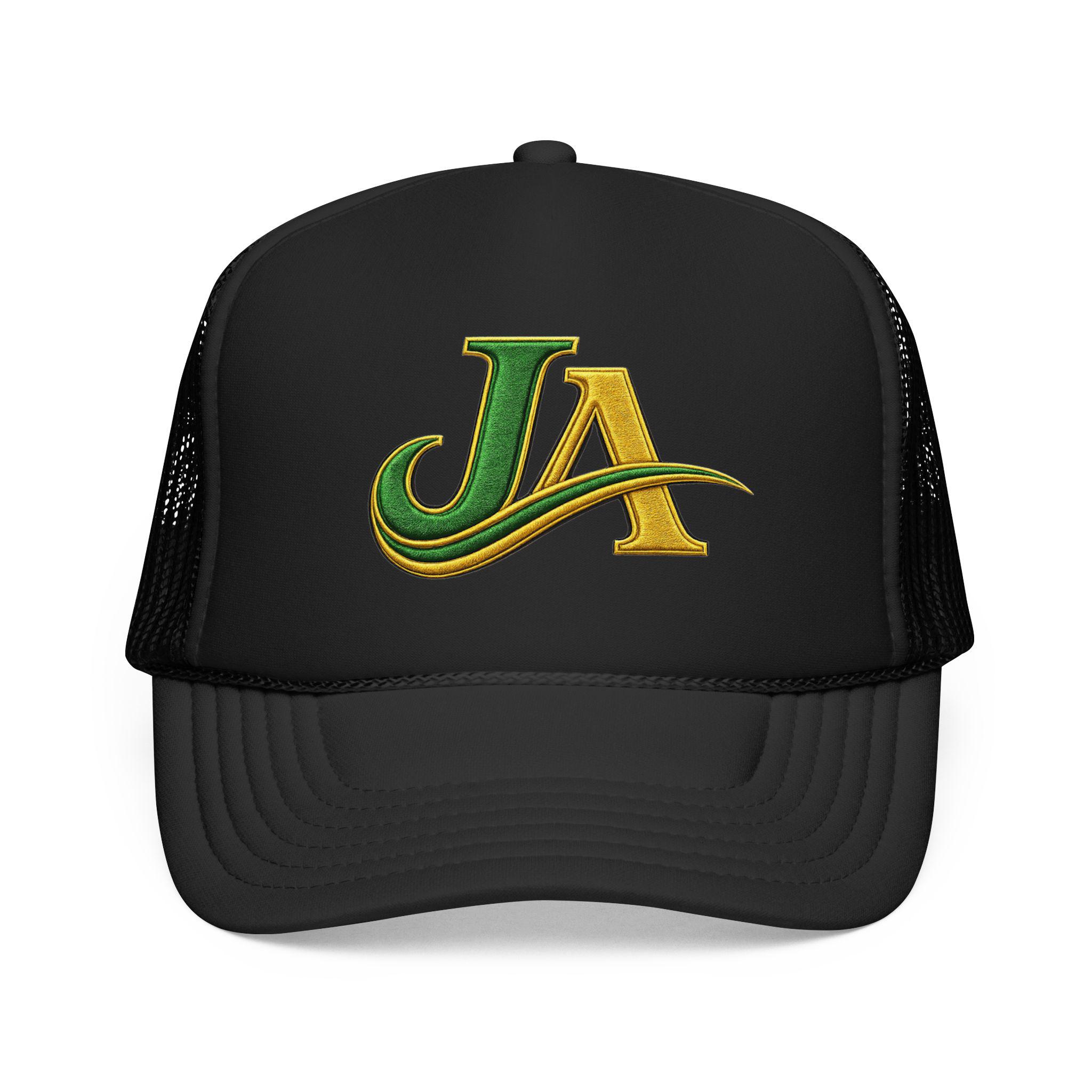JA Logo Embroidered Trucker Hat, Green and Gold Mesh Cap, Caribbean Streetwear Hat, Island Lifestyle Gift, product view 2