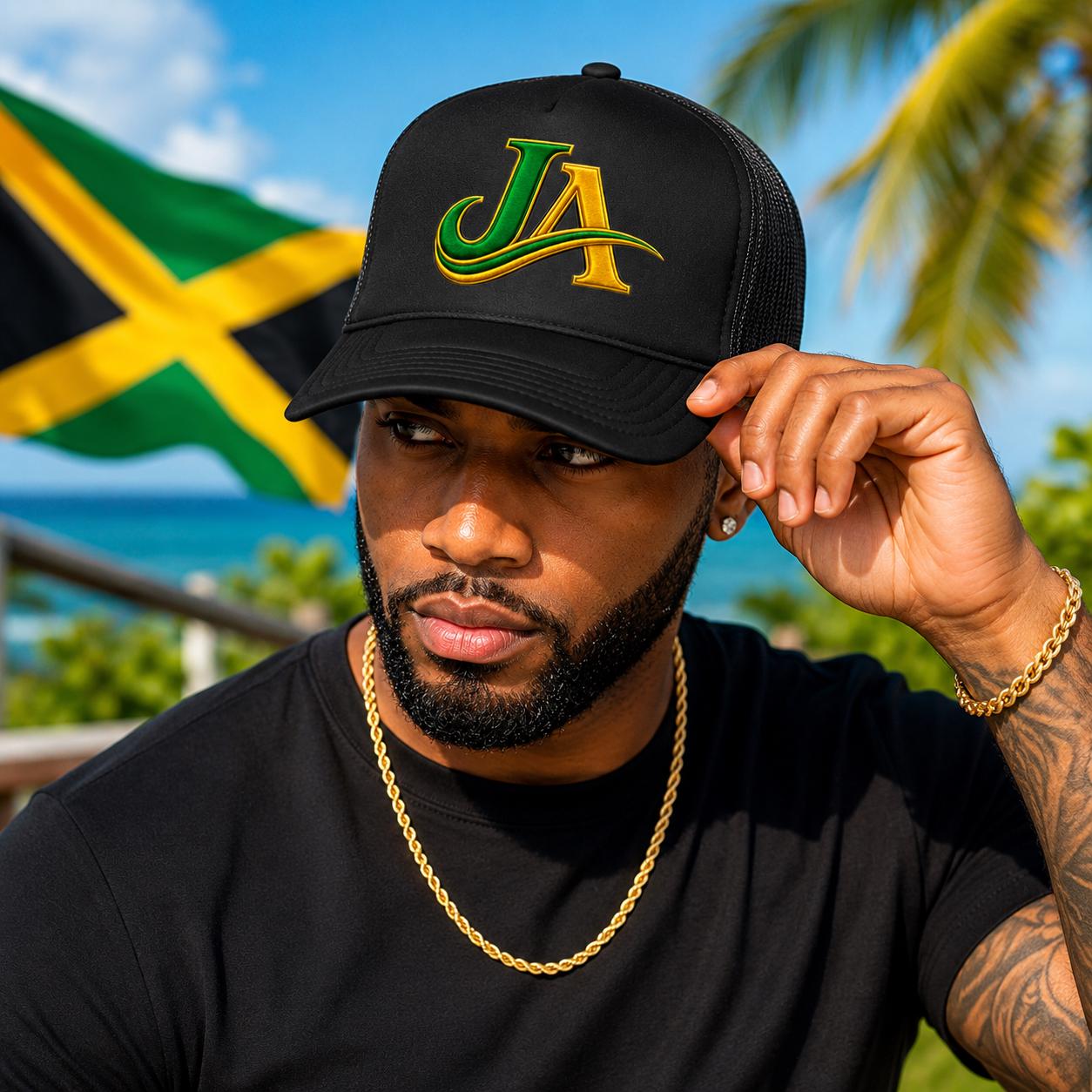 JA Logo Embroidered Trucker Hat, Green and Gold Mesh Cap, Caribbean Streetwear Hat, Island Lifestyle Gift, product view 3