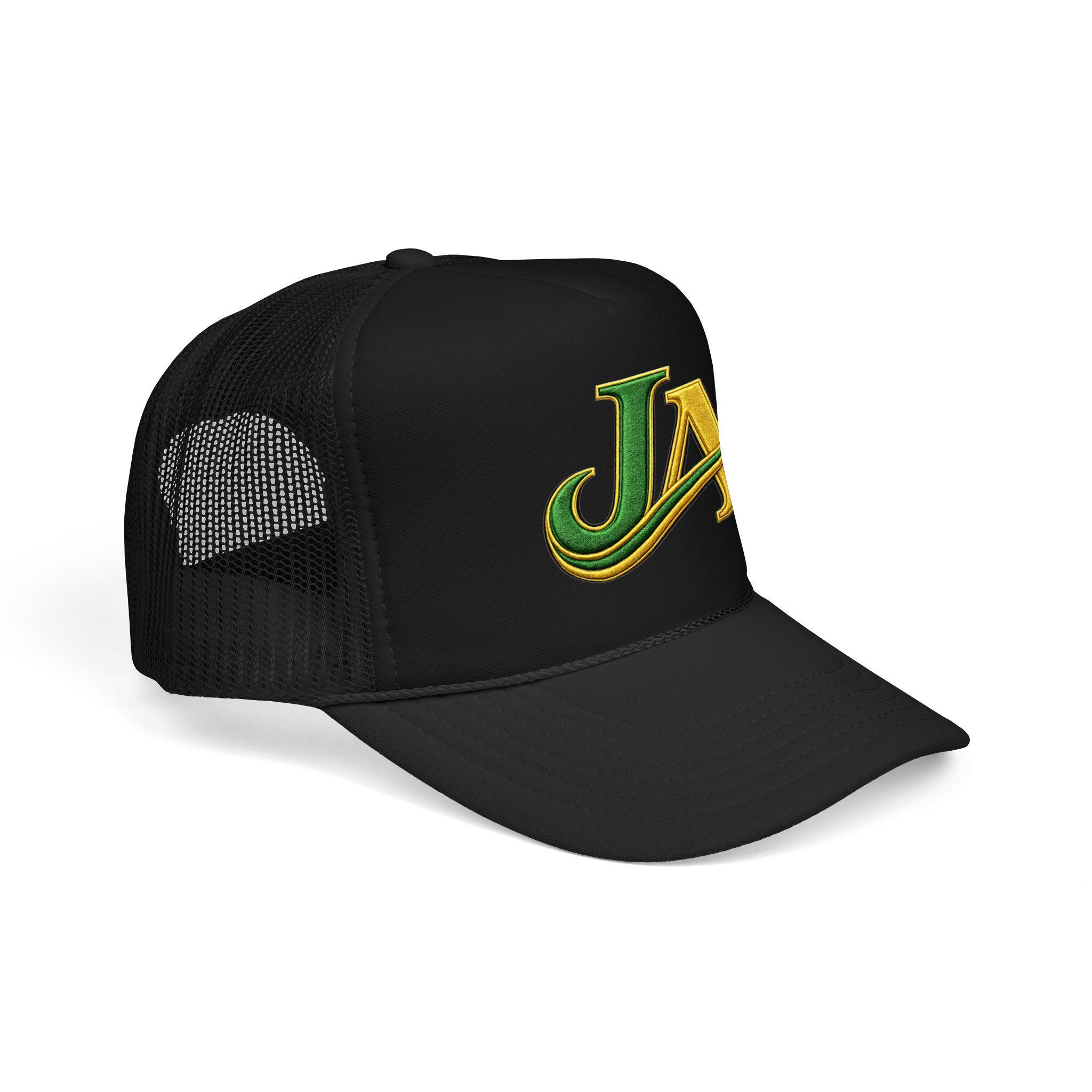 JA Logo Embroidered Trucker Hat, Green and Gold Mesh Cap, Caribbean Streetwear Hat, Island Lifestyle Gift, product view 4