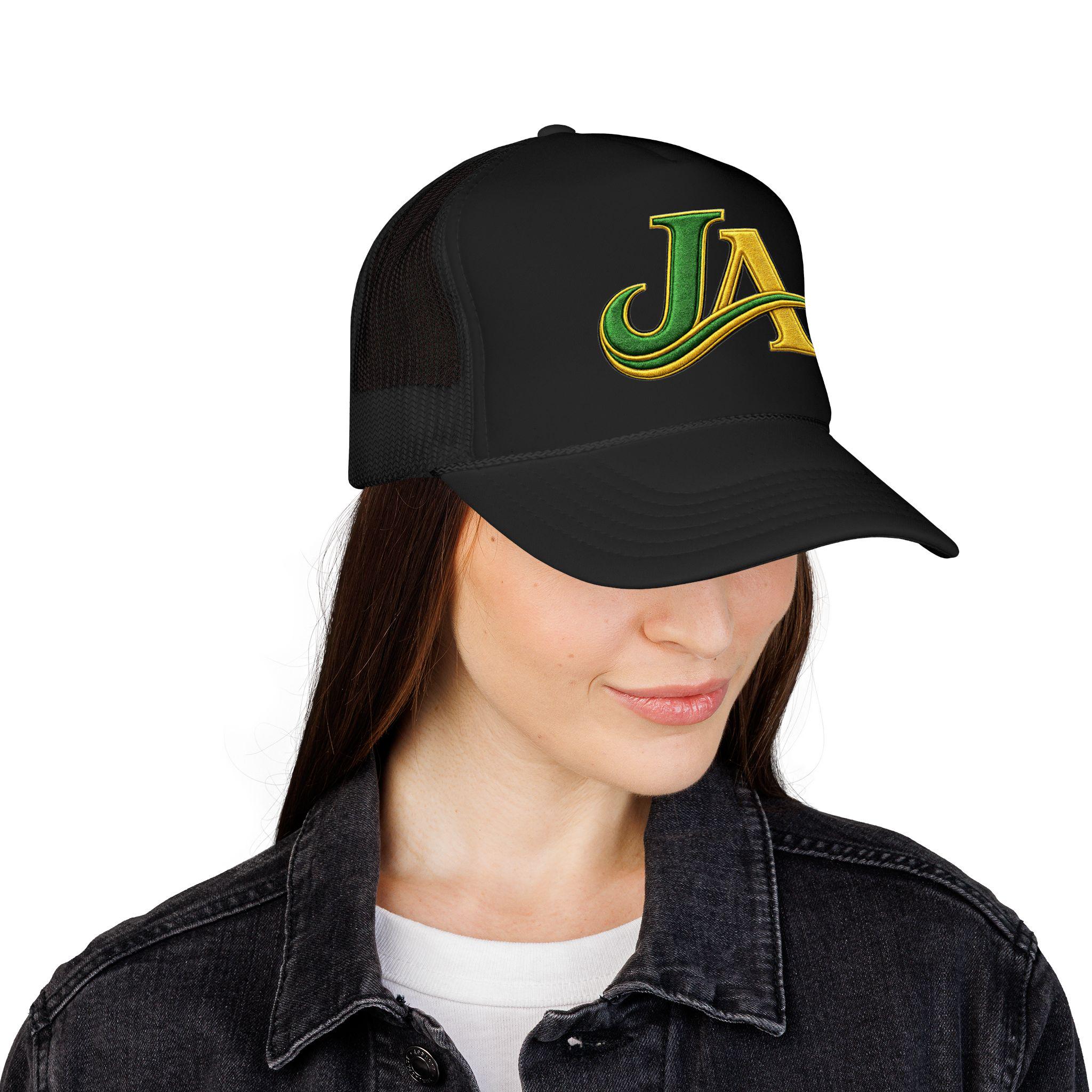 JA Logo Embroidered Trucker Hat, Green and Gold Mesh Cap, Caribbean Streetwear Hat, Island Lifestyle Gift, product view 6