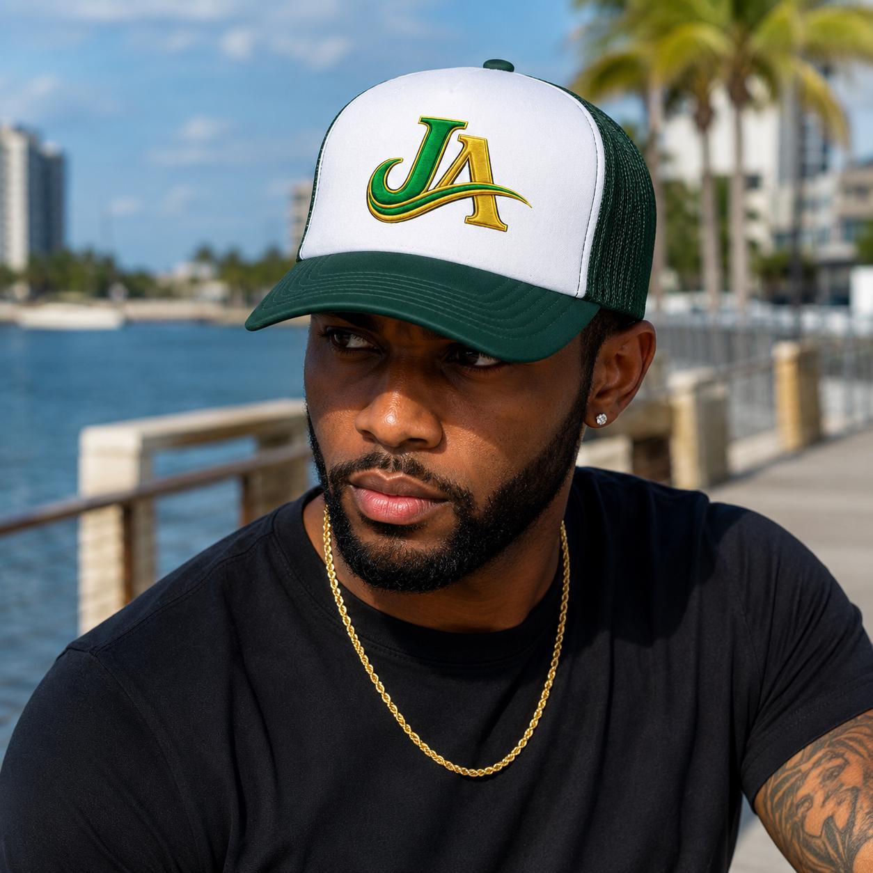 JA Logo Embroidered Trucker Hat, Green and Gold Mesh Cap, Caribbean Streetwear Hat, Island Lifestyle Gift, product view 7